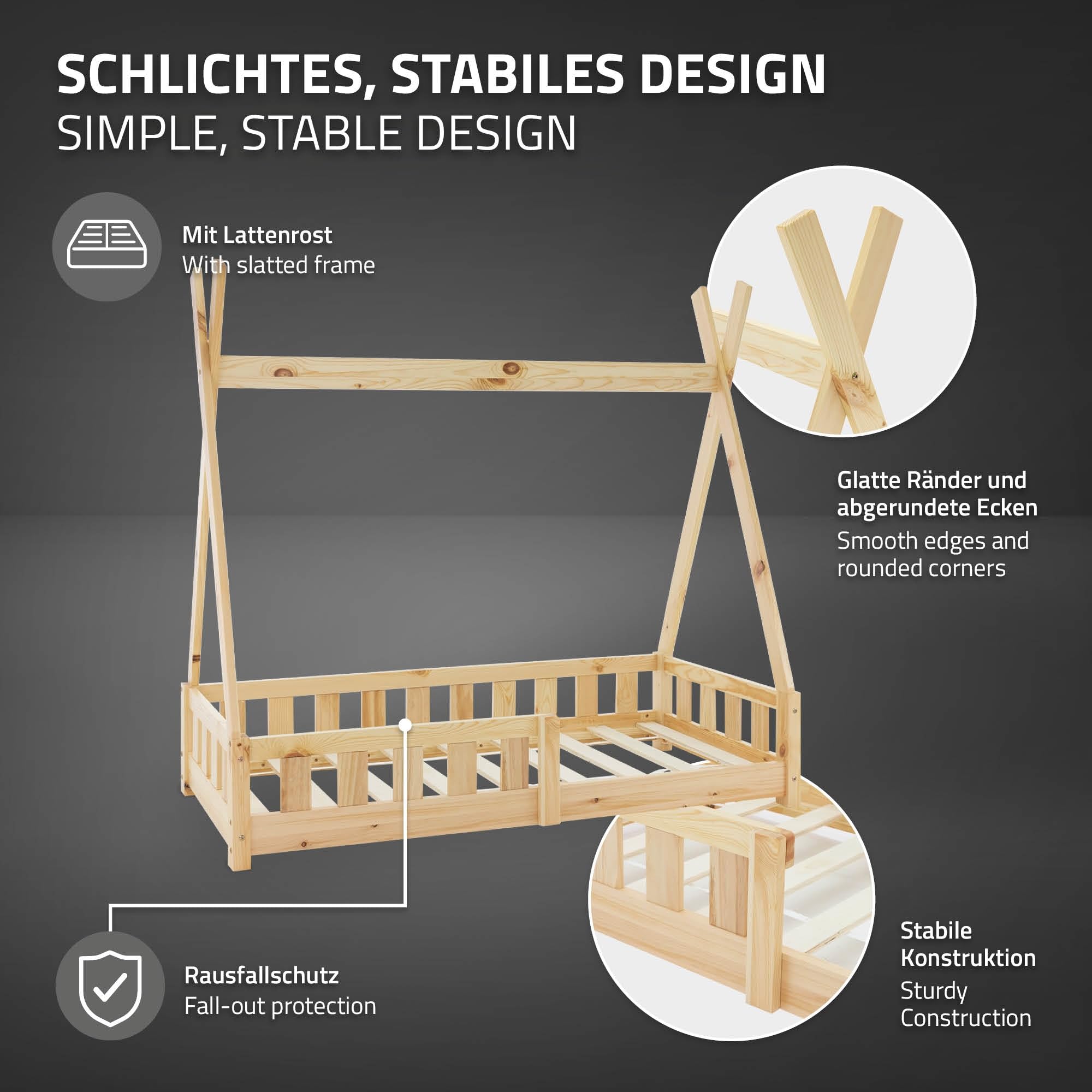 ML-Design Kinderbett Tipi 70x140 cm Natur mit Rausfallschutz und Lattenrost, Indianer Bett aus Kiefernholz für Mädchen & Jungen, Hausbett mit Zaun, Kinderhaus Bodenbett Jugendbett Spielbett Zelt