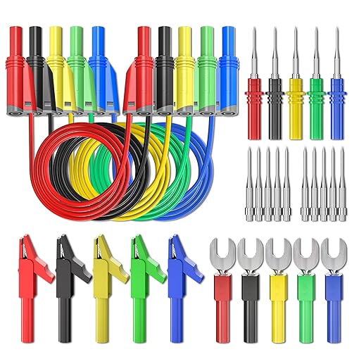 Goupchn 5PCS Banana Plug Silicone Test Leads Kit 4mm Fully Insulated Safety Shrouded Stackable Banana Plug with Alligator Crocodile Clips Test Fork