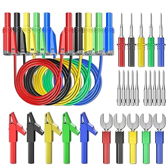 5PCS Banana Plug Silicone Test Leads Kit 4mm Fully Insulated Safety Shrouded Stackable Banana Plug with Alligator Crocodile Clips Test Fork Back Probe Pins for Multimeter
