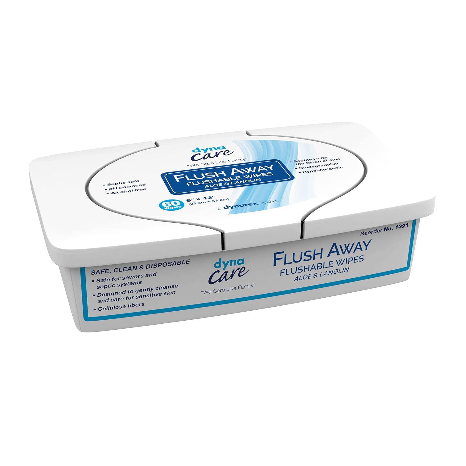 Dynarex DynaCare Flushable Wipes, Wet Bathroom Hygiene Wipes for Adults, Alcohol Free, Safe for Sewers and Septic Systems, 9” x 13” wipes, 3 Tubs of 60-Count Wipes (Packaging May Vary)