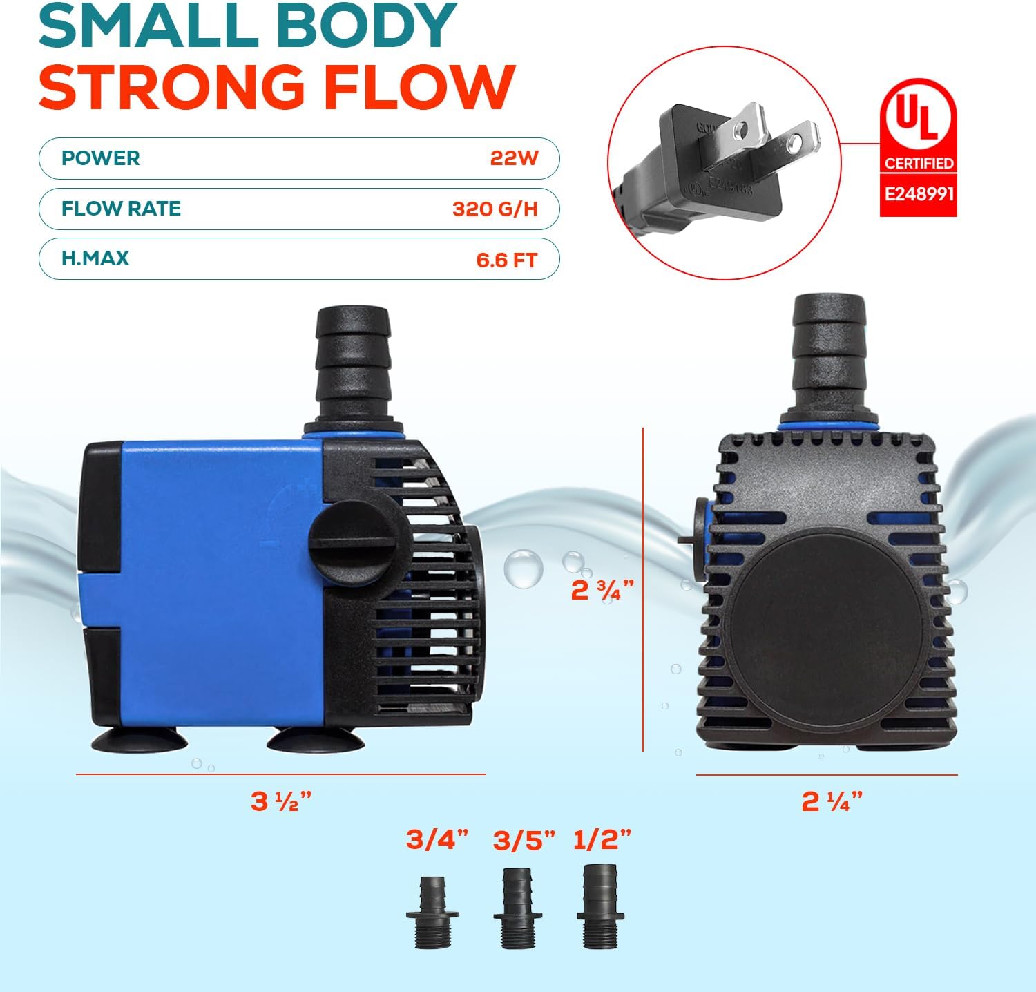 Aqua Dream 317 GPH Submersible Pump - 22W Adjustable Ultra Quiet Water Pump for Aquariums and Fountains, 6.6ft Max Lift, Indoor/Outdoor Hydroponic Fish Tank Pump - 1 Pc
