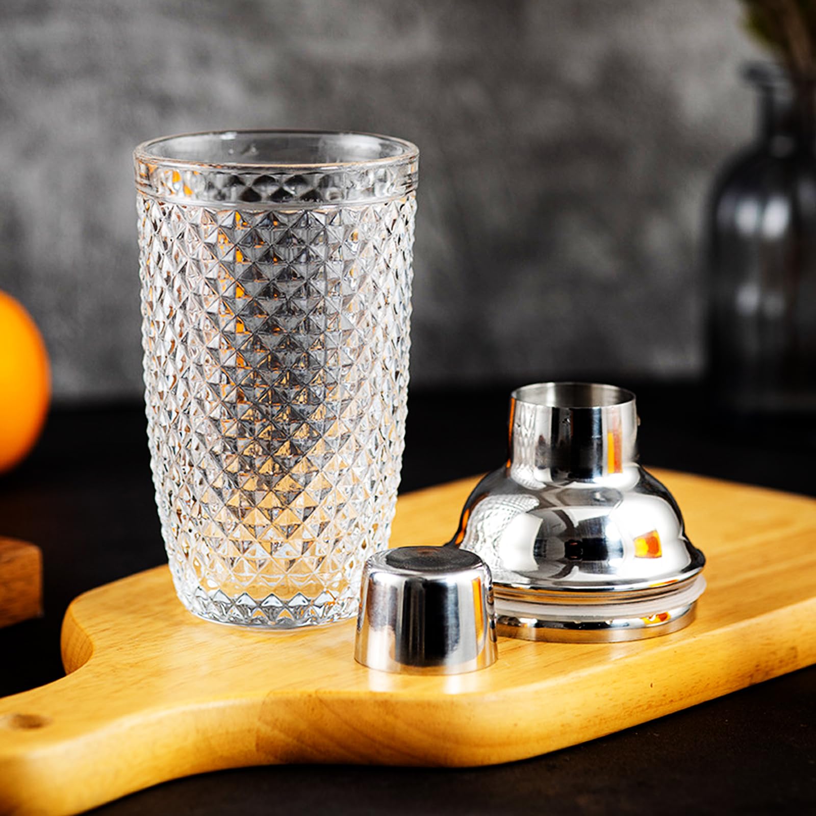 Shaker da Cocktail 400 ml, Set di shaker per cocktail in Acciaio inox e Vetro, Shaker con colino misurino e cucchiaio per casa, bar, vino, succhi di frutta misti, bevande (Argento-1)