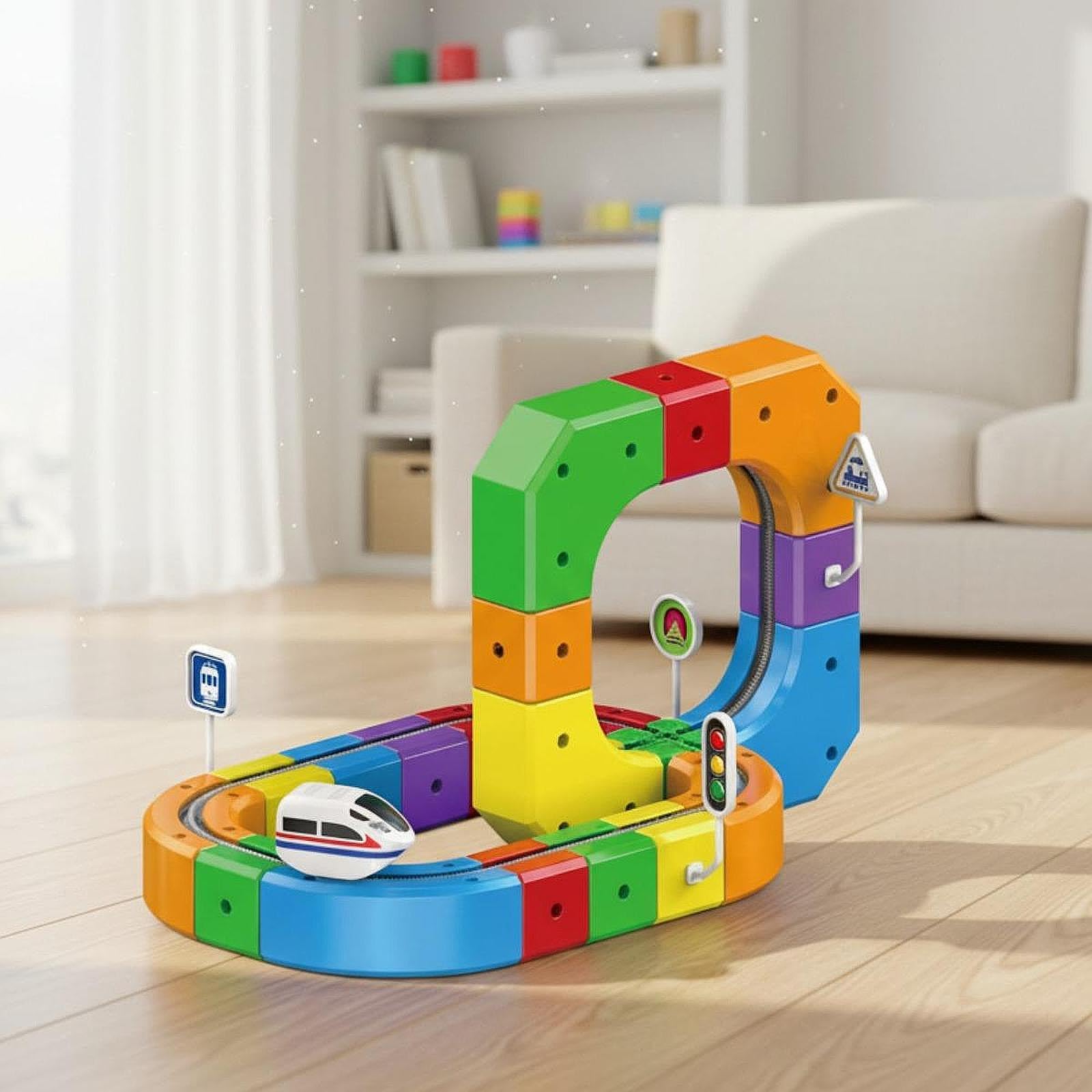 Mini Elektro Spielzeugeisenbahn Set mit Gebogener Rampe, Austauschbarem Zubehör, Sicherem PP Material, Geeignet für Familienspiele, Kreatives Kinderge, 51 Stück