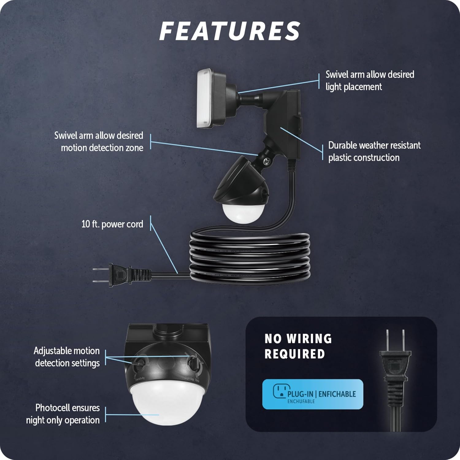 Globe Electric 17000198 180-Degree 14W Black 1200 Lumens Plug-in Outdoor Integrated LED Flood Light Security Light, 10-Foot Cord, Outside House Lights