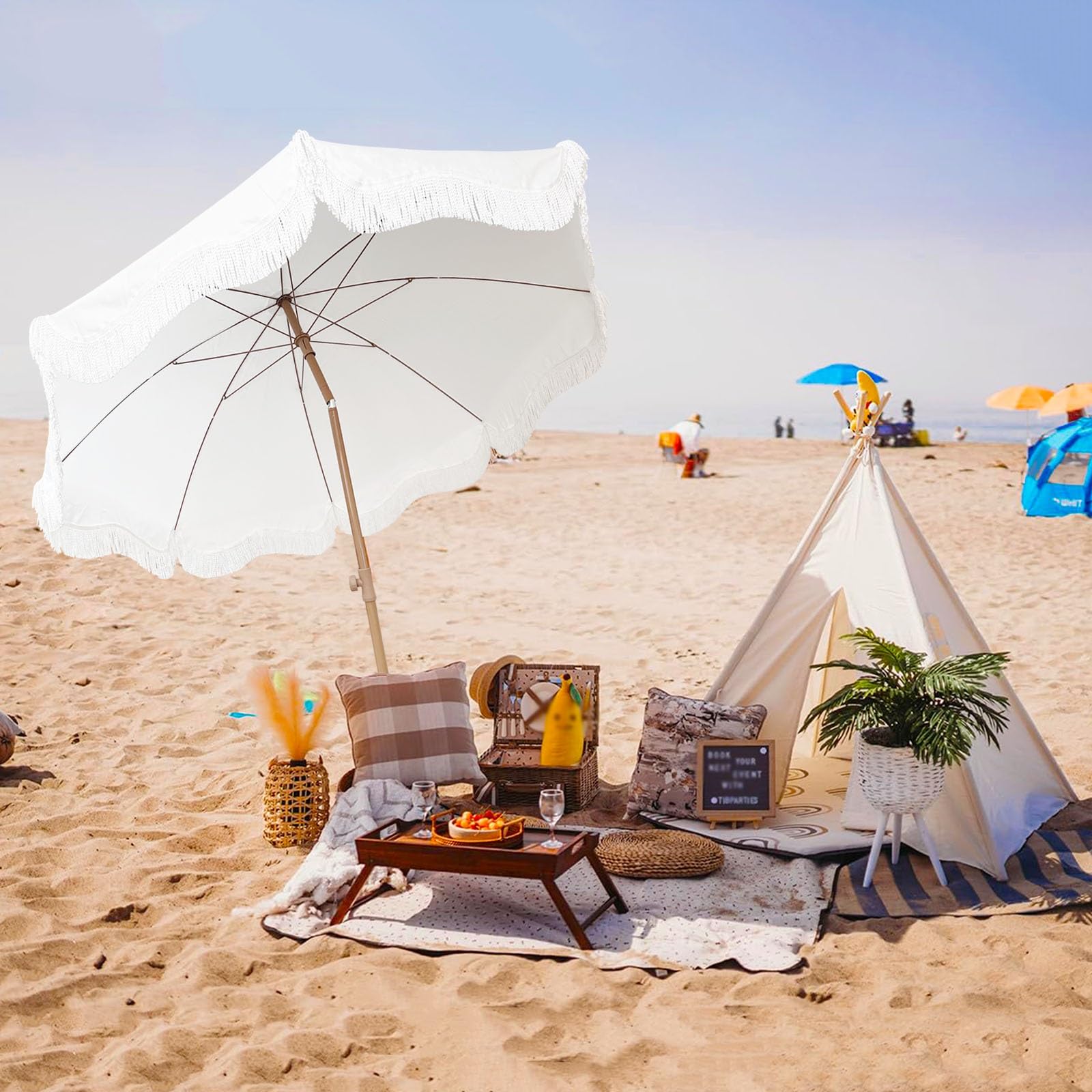 Blanco Sombrilla Playa 200 Cm Parasol Jardín Exterior Grande con Flecos Sombrillas Terraza Protección UV50+ Sombrilla Jardín Inclinable Portátil Boho Beach Umbrella For Sand Impermeable