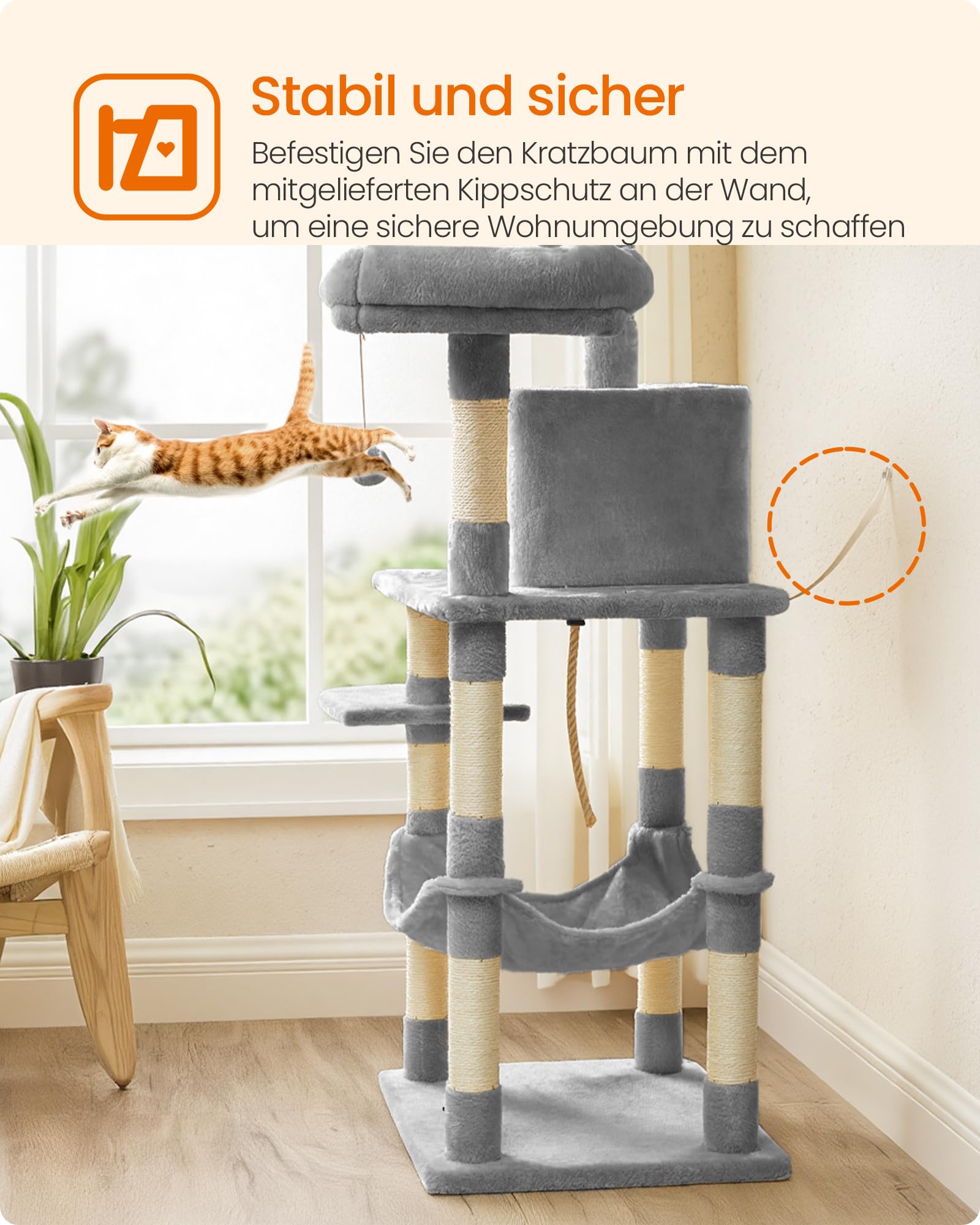 Feandrea Kratzbaum, 141.8 cm hoch, Katzenbaum mit 11 Kratzsäulen, 2 Plattformen, 1 Katzenhöhle, 1 Hängematte, 2 Plüschbällen, Plüsch, mehrstöckiges Design, hellgrau PCT15W