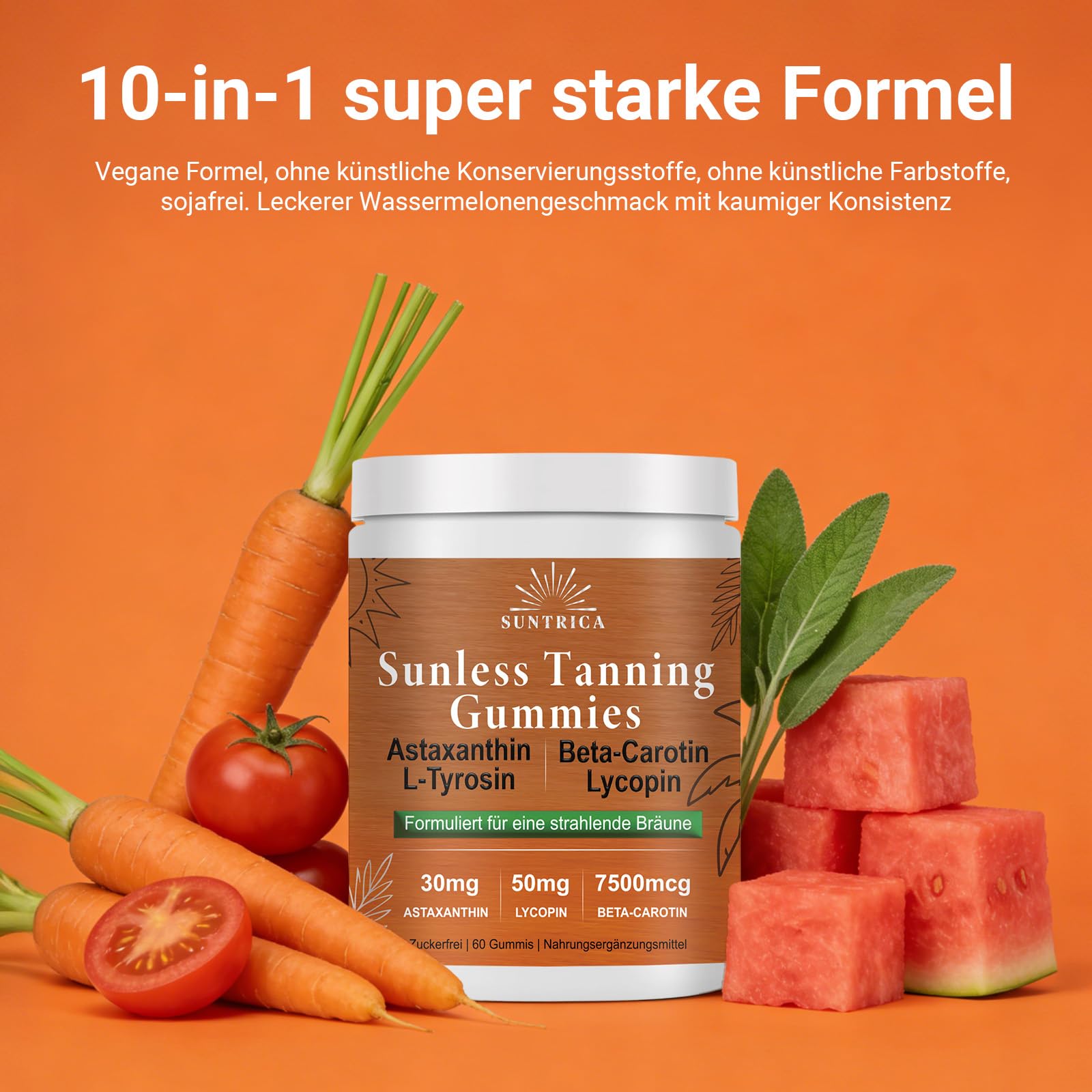 Tanning Gummies – Natürlicher Selbstbräuner von Innen mit Beta Carotin, Astaxanthin & L-Theanin – Bräunungs Gummibärchen für einen Shine Brown Teint ohne UV – Alternative zu Bräunungskapseln, 60 Stück