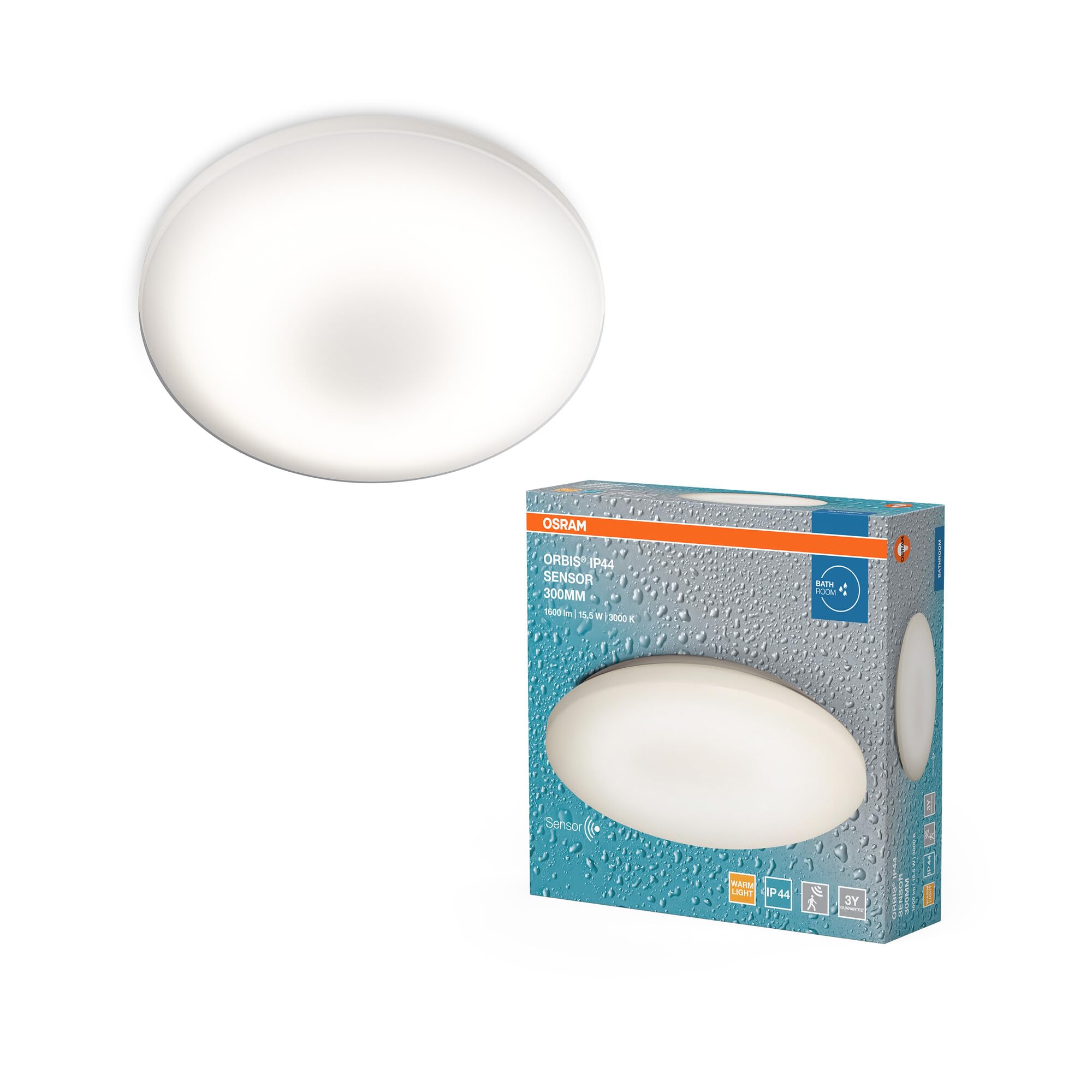 Osram Orbis plafonnier/applique à capteur 300mm, luminaire en aluminium blanc protection contre les éclaboussures, protection IP44, pour salle de bain, couloirs et passages