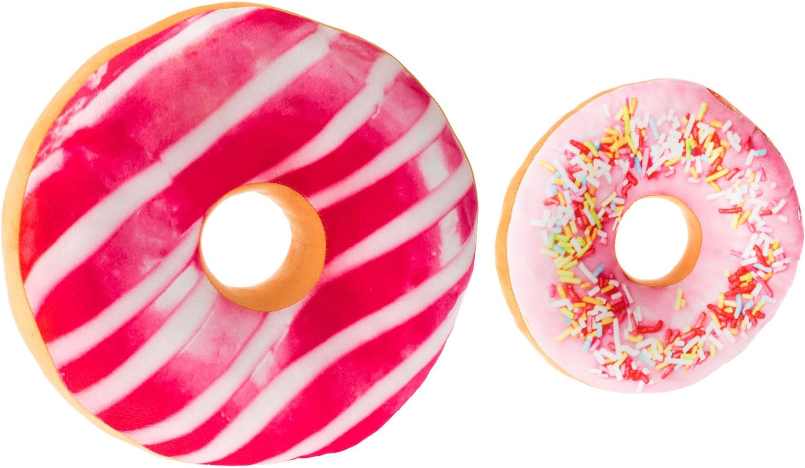 2 Donut Cushions - Sizes 35cm and 24cm - 1 x Sprinkles 1 x Stripe Doughnut Pillows - Replicushion Co.