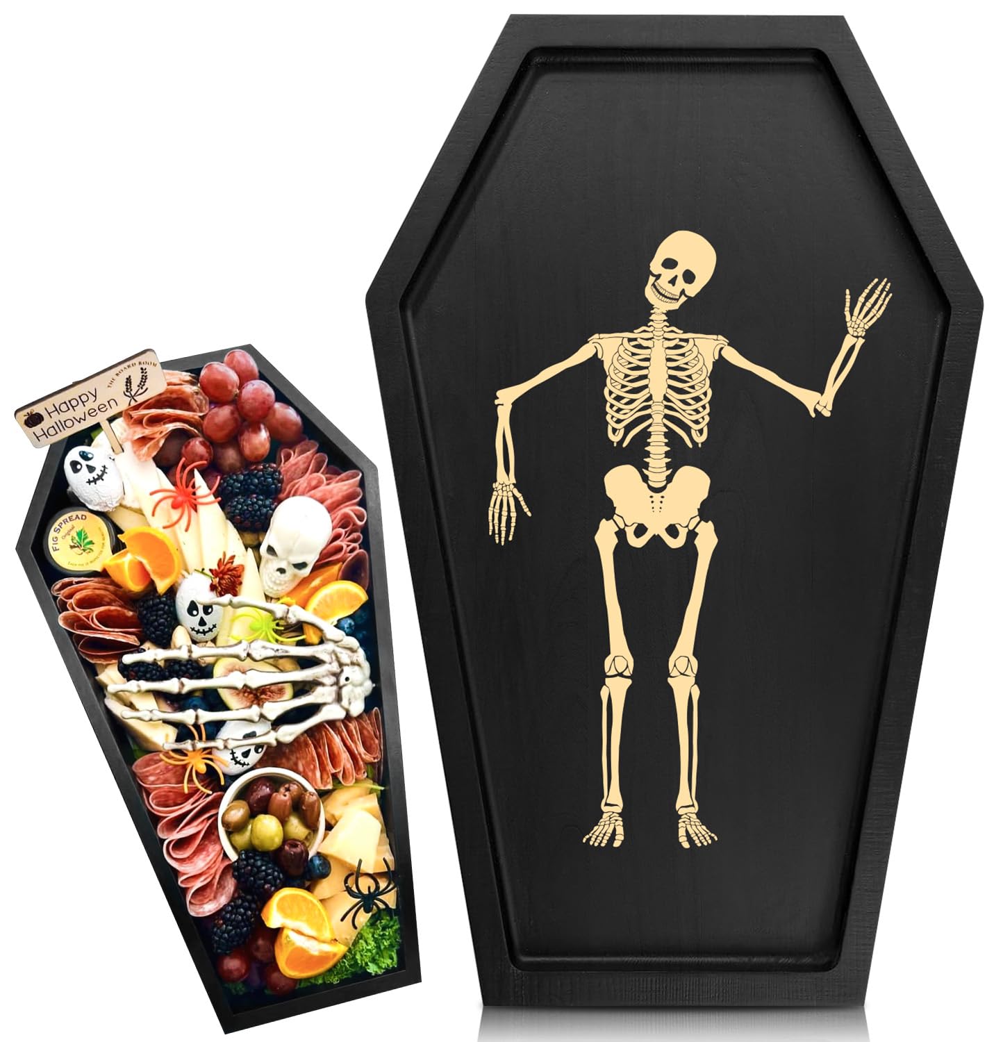 Coffin Charcuterie Boards,Wood Coffin Serving Trays and Platters with Engraved Skeleton Decor,Black Cheese Board Candy Bowl Gothic Kitchen Dishes Decor for Halloween Party