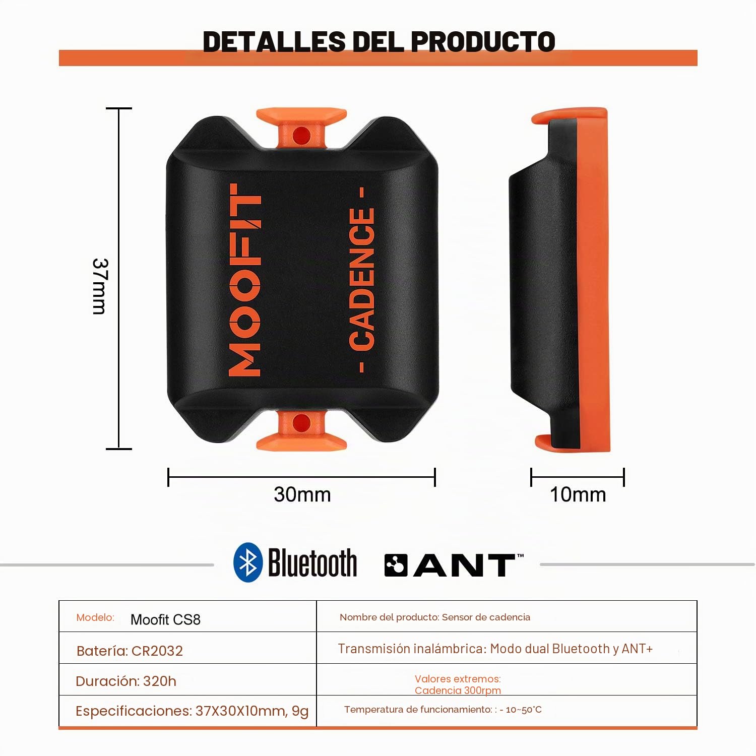 moofit CS8 Sensor de Velocidad/Cadencia para Ciclismo, Sensor de Velocidad | Distancia | Cadencia, Inalámbricos Bluetooth y Ant+ con Tecnología de Baja Energía Resistente al Agua IP67, Naranja