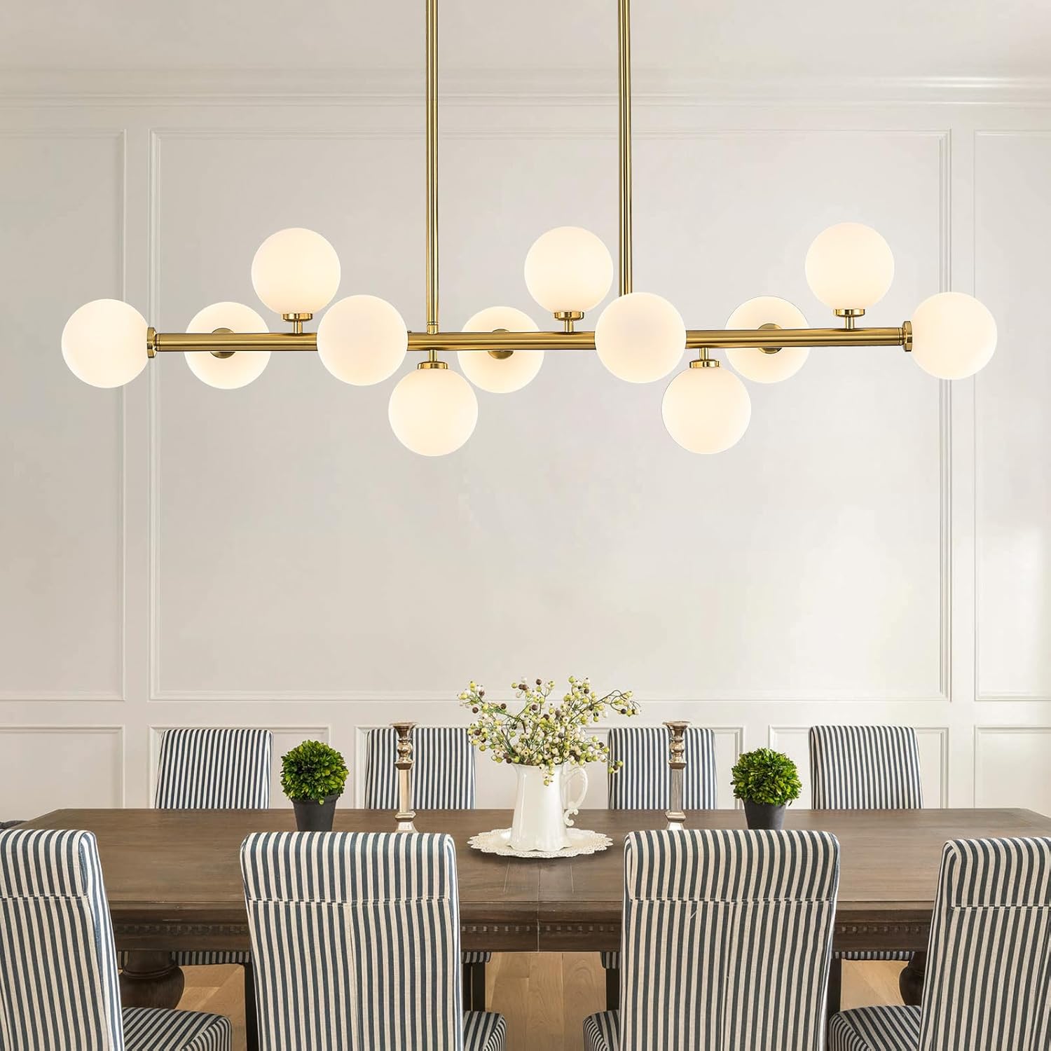 50" Large Glass Globe Sputnik Chandelier, 12-Light Mid Century Modern Dining Light Fixture Over Table, Brass Gold Linear Chandeliers for Dining Room Kitchen Island Living (Milk White Bubble)