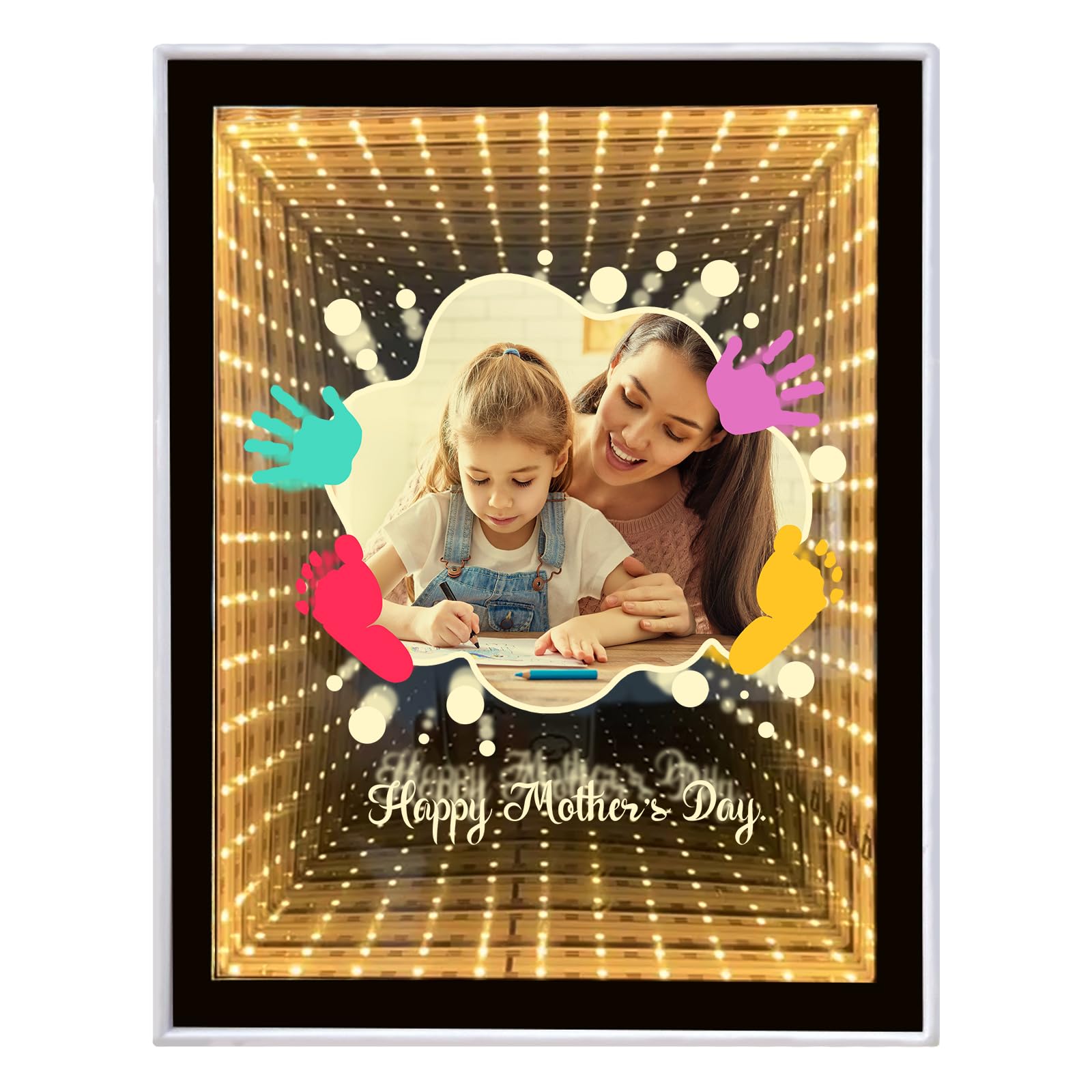 Personalised Photo Frame Infinity Mirror, Custom Mothers Day, Thanksgiving, Birthday Gifts for Mom, Desktop LED Night Light Makeup Mirror 2 in 1, Home Decoration Bedroom Office Living Room