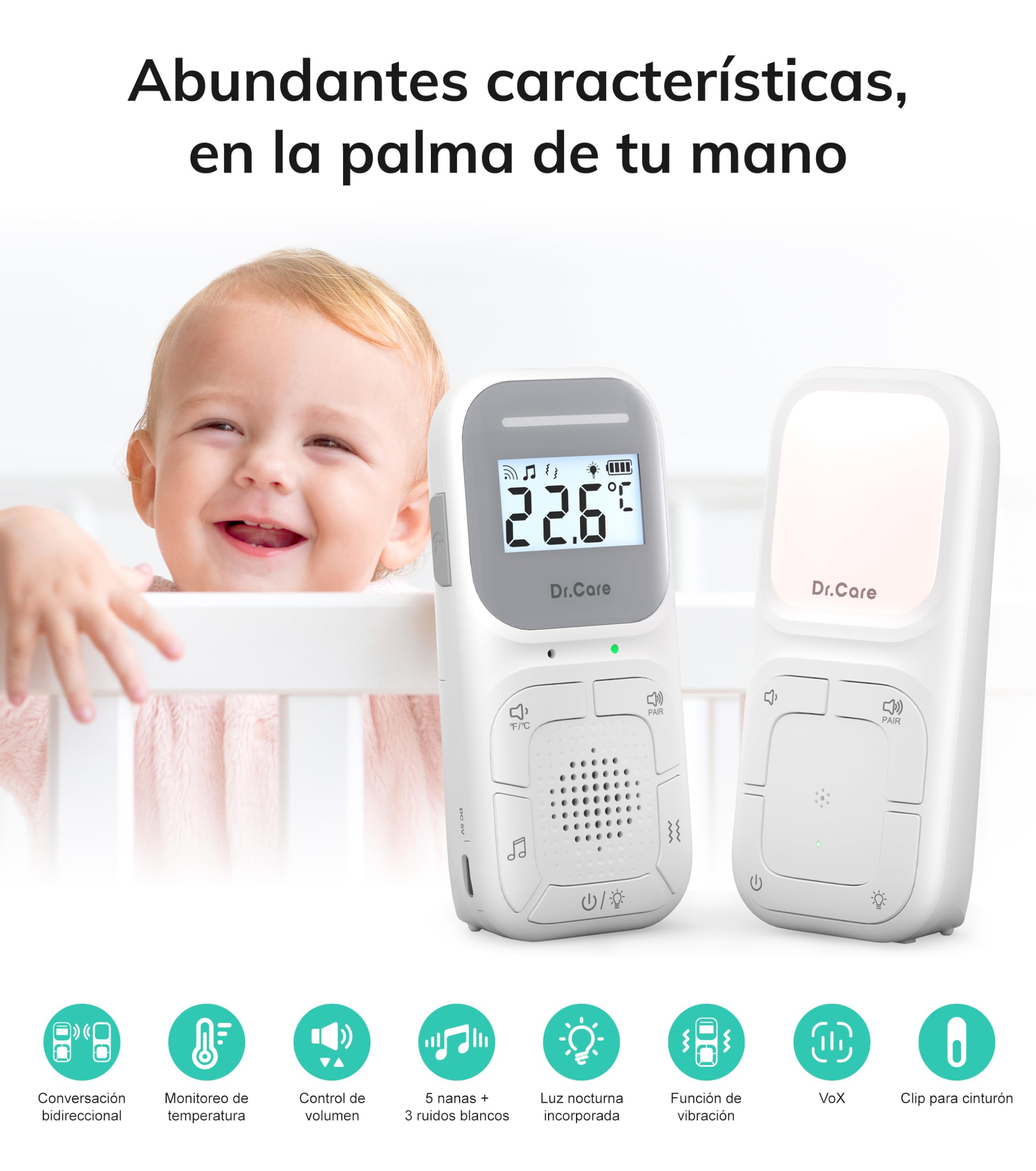 Dr.Care Neo Audio - Monitor de Bebé Preemparejado, Conversación Bidireccional, VOX, Luz Nocturna, Canciones de Cuna, Alerta Vibratoria, Rango 1000 Pies, Altavoz y Micrófono, Clip Portátil, Sin WiFi