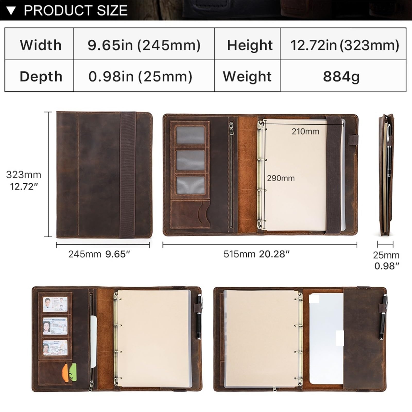 Portadocumenti in pelle, Custodia for documenti in pelle caffè 245x323 mm A4 con raccoglitore e slot for schede di penna