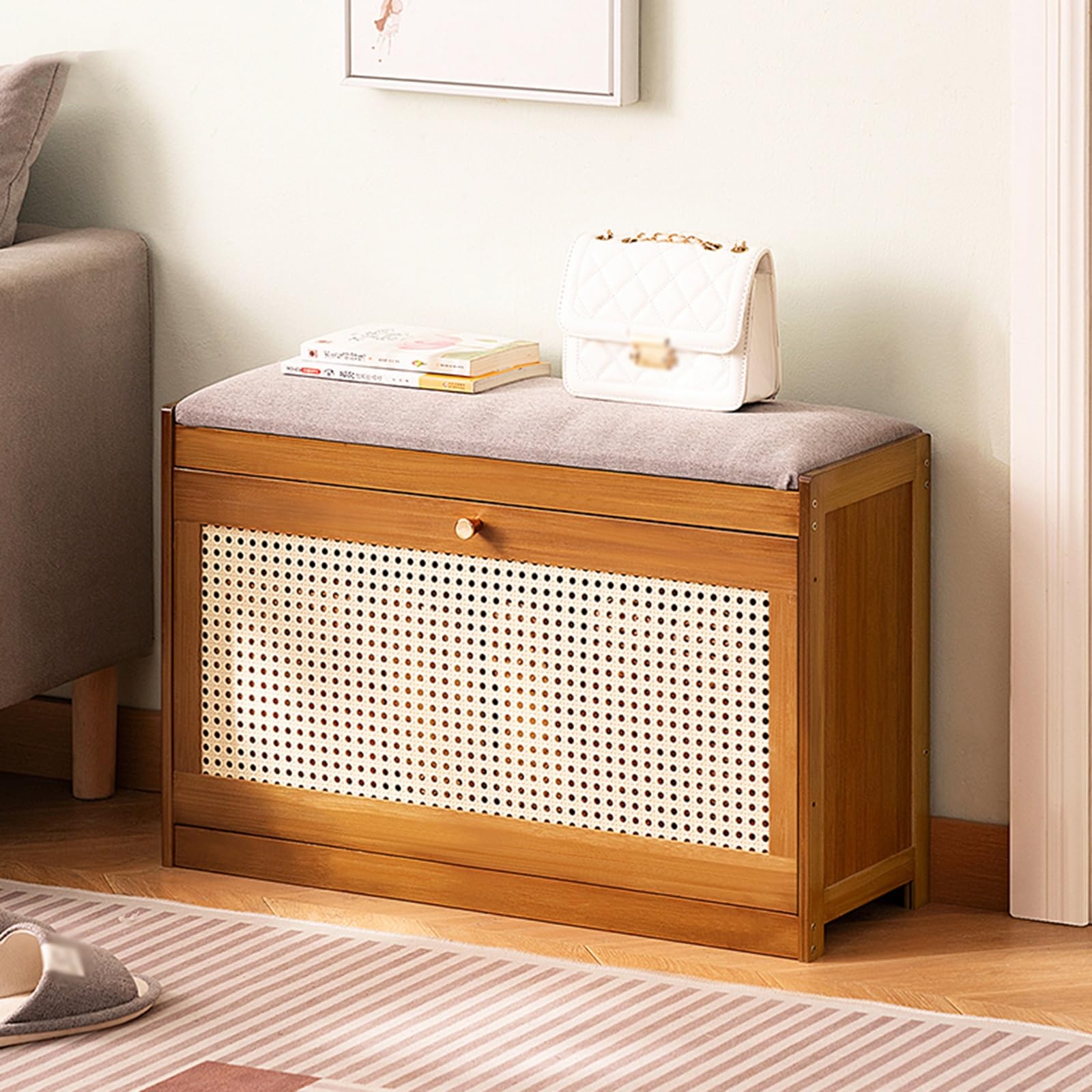 MSHGSKU Wooden Shoe Storage Bench with Cushioned Seat – Entryway and Comfortable Seating Solution for Living Room Hallway and Entryway Storage