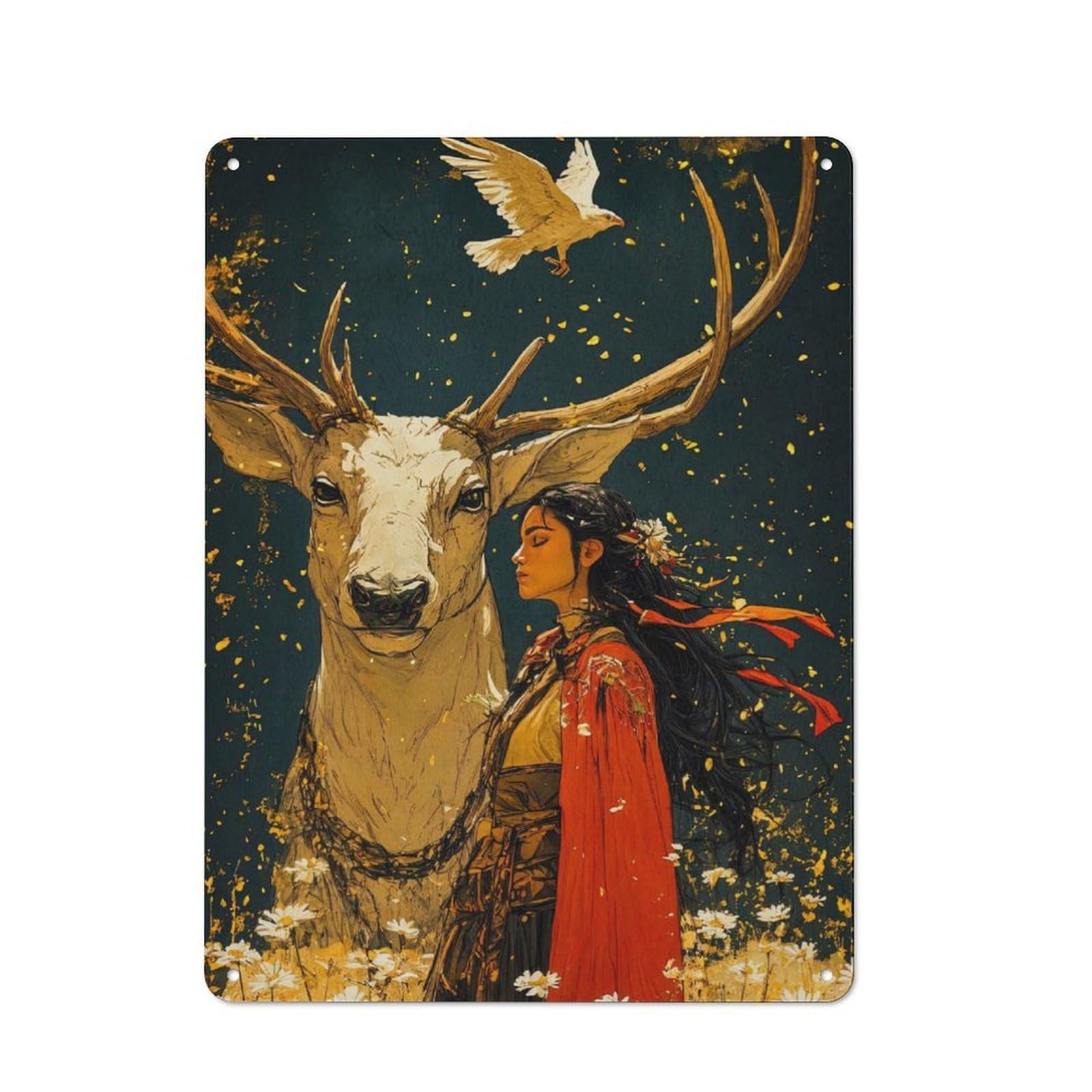 Junmoney Woman And White Stag Industrial Metal Sign 40X30cm, Modern Retro Loft Wall Plaque For Workspace, Cafe, Hallway Or Garage