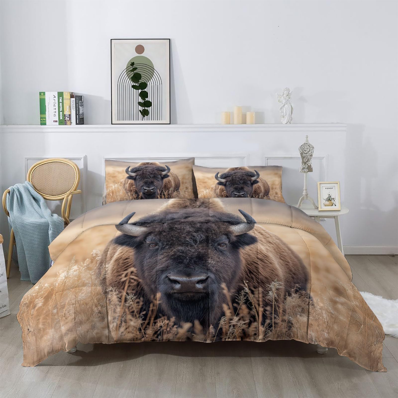 Kołdra 4 pory roku 200 x 200 cm bez pościeli, nadająca się do prania i oddychająca, hipoalergiczna, wygodna, z rustykalnym brązowym zwierzęciem Bizon, rogami suchej trawy, idealna na wszystkie pory