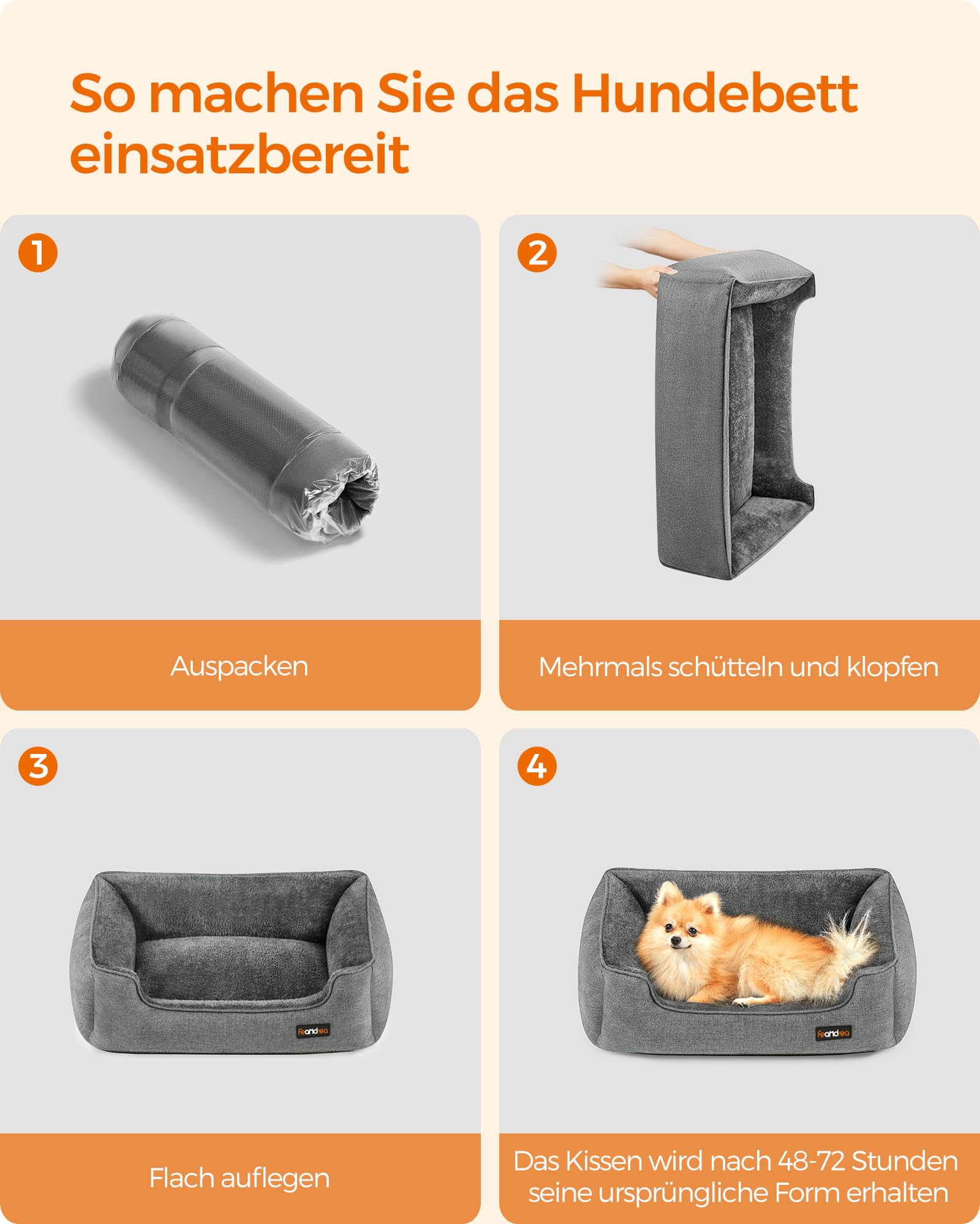 Feandrea Hundebett, Hundekissen in Leinenoptik, Hundekorb, erhöhte Ränder, rutschfeste Unterseite, Bezug abnehmbar waschbar, M, für kleine Hunde, 70 x 55 x 21 cm, hellgrau PGW10GG