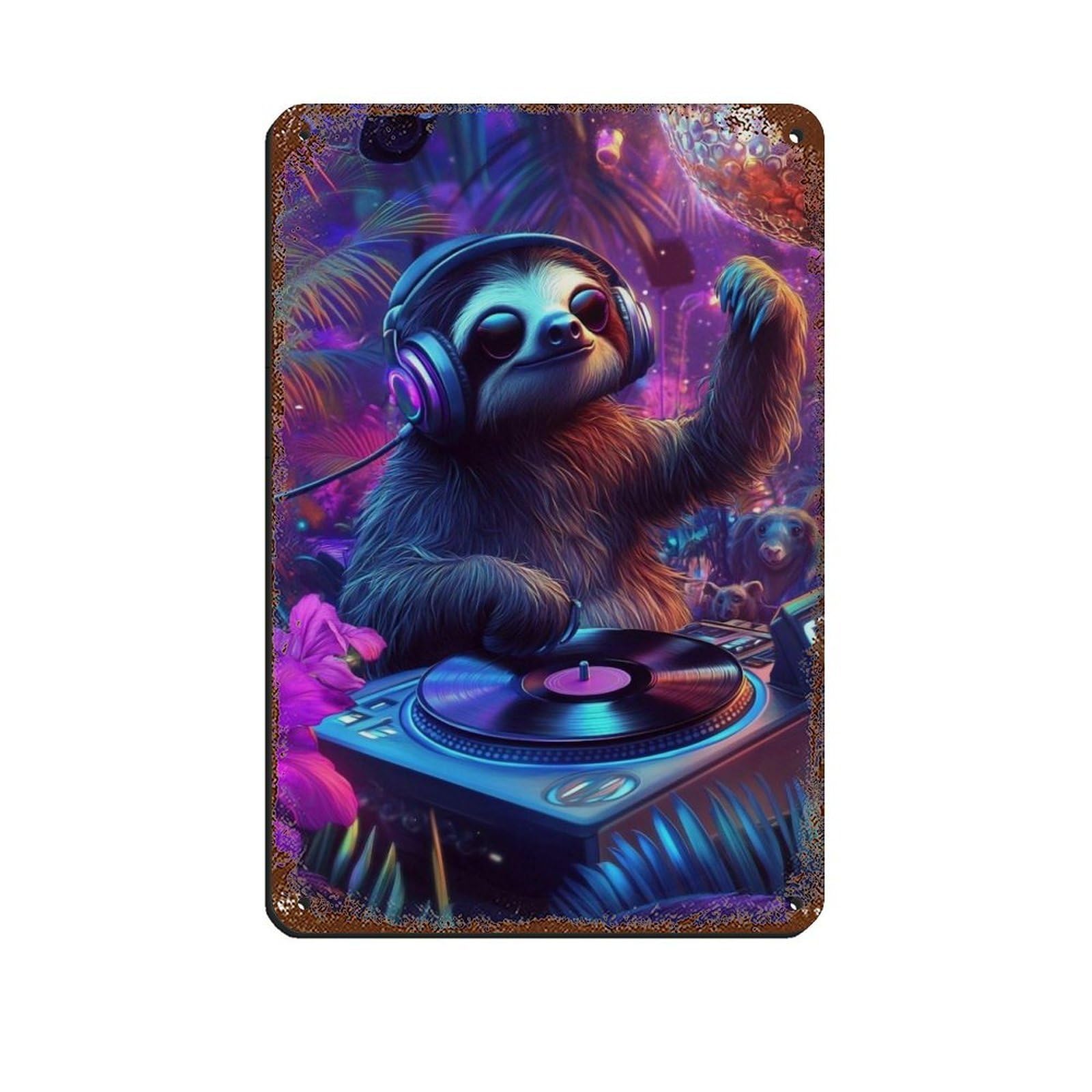 Lxwnze 20L X 30W Cm Dj Sloth, Cute Sloth Dj Poster Retro Poster Metal Tin Sign Chic Art Retro Iron Painting Bar People Cave Cafe Family Garage Poster Wall Decoration 8X12inch(20X30cm)