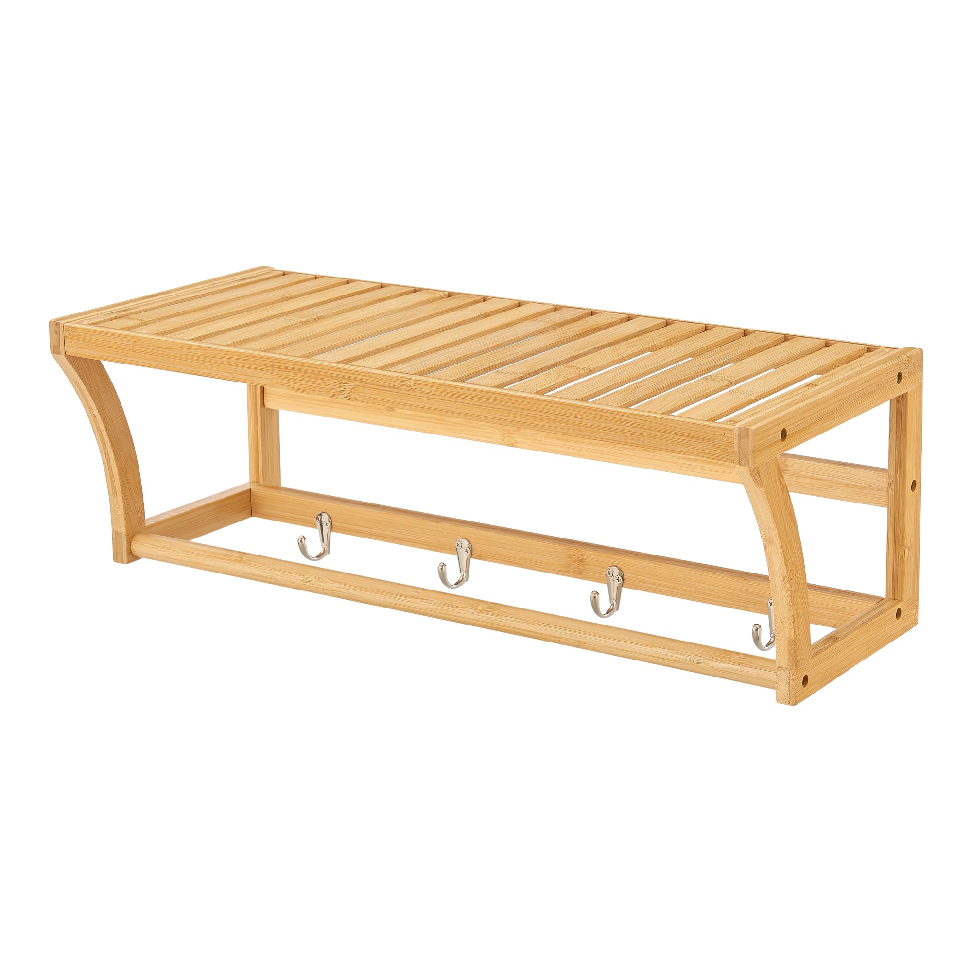 [en.casa] Estantería de Pared para Baño Pasillo con Estante Toallero y 4 Ganchos Mueble de Cocina con Barra para Paños de Cocina Bambú 30 x 55 x 23 cm - Natural