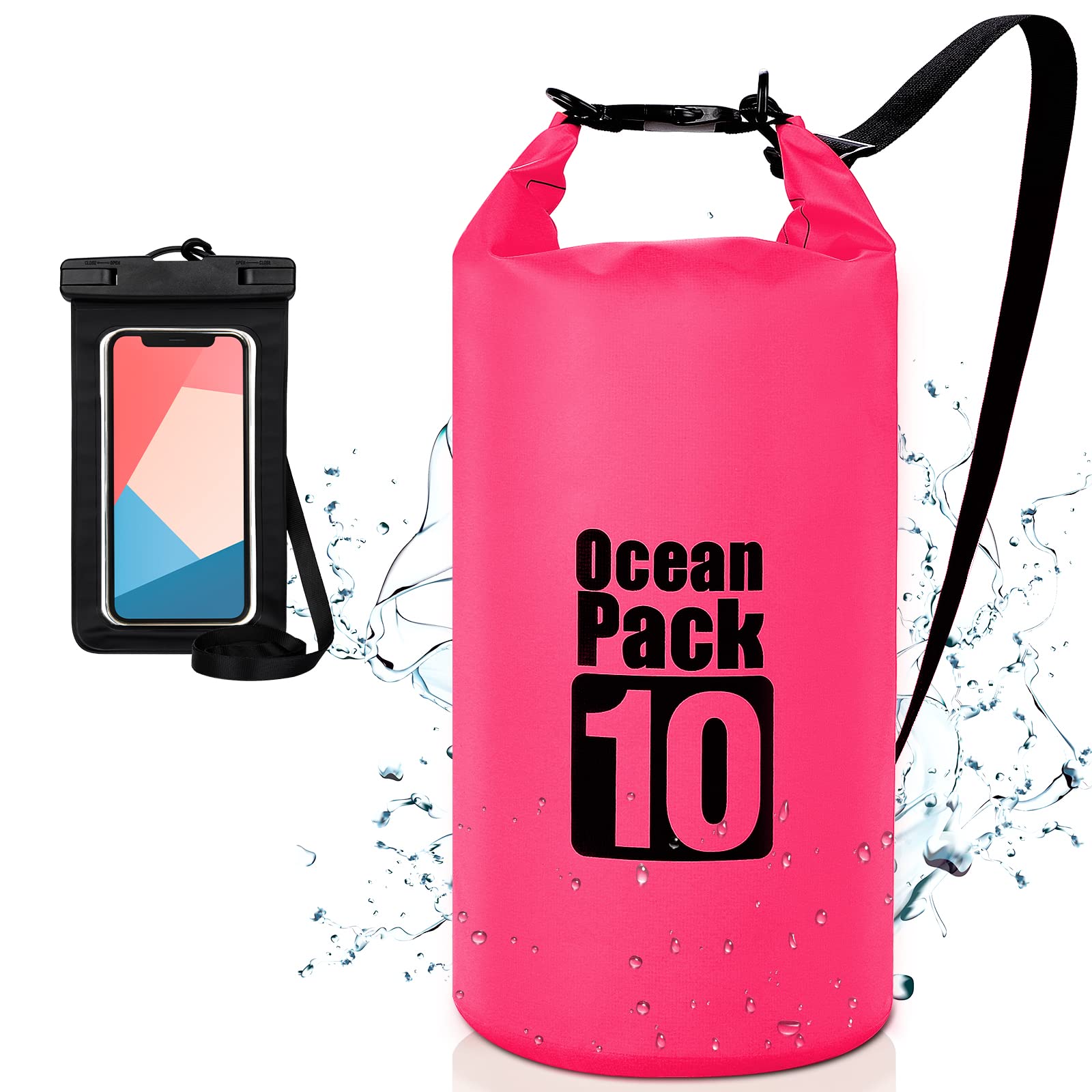 Coolzon Borsa Impermeabile-Sacca Impermeabile con Custodia Impermeabile per Cellulare, Sacca Stagna con Tracolla Regolabile per Kayak Rafting Canottaggio Campeggio Viaggiare Nuoto, 10L Rosa