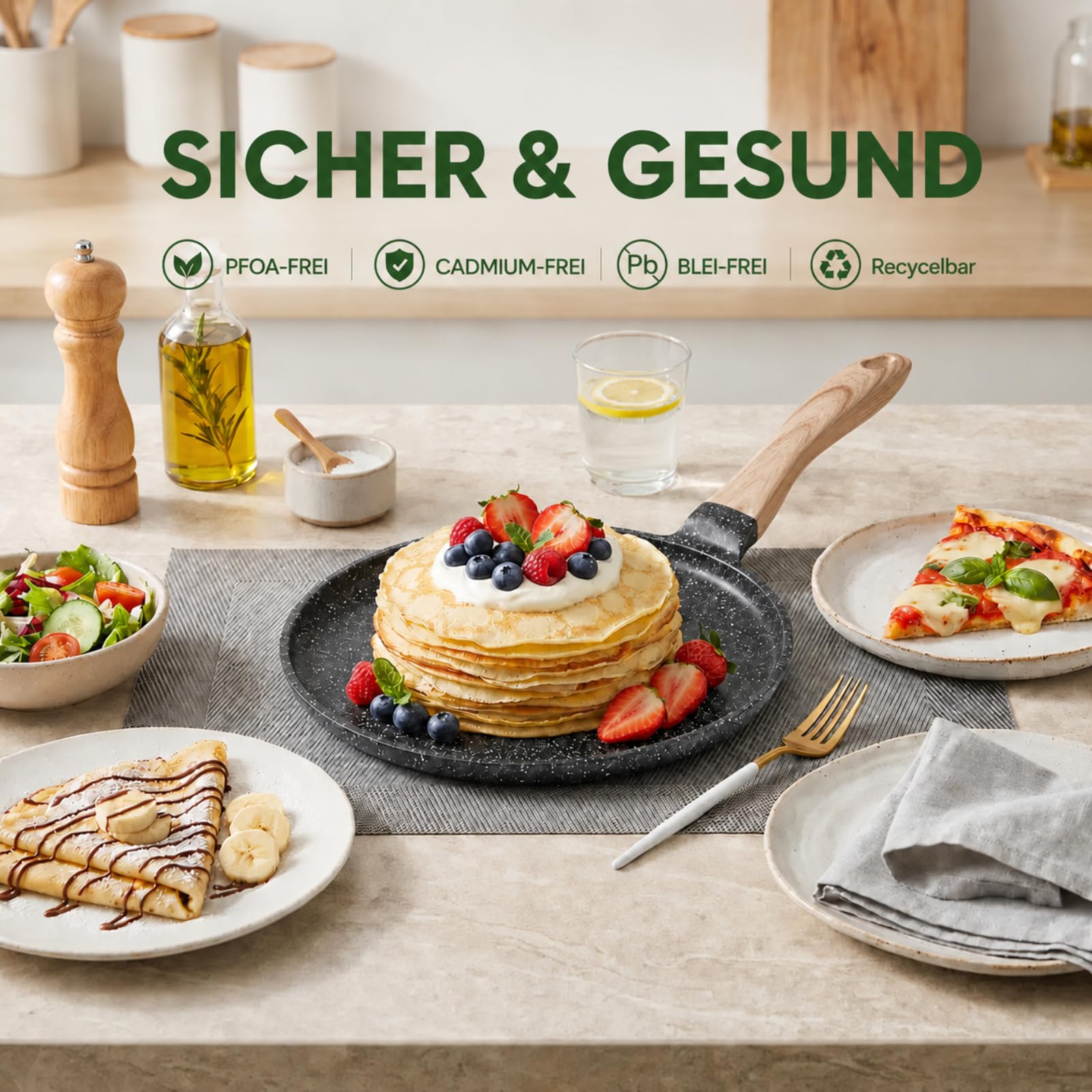 JEETEE Pfannkuchenpfanne 24 cm, Crepe Pfanne Induktion, Grau | Niedriger Rand zum Verteilen und Wenden von dünnem Teig, Aluminium mit Induktionsboden