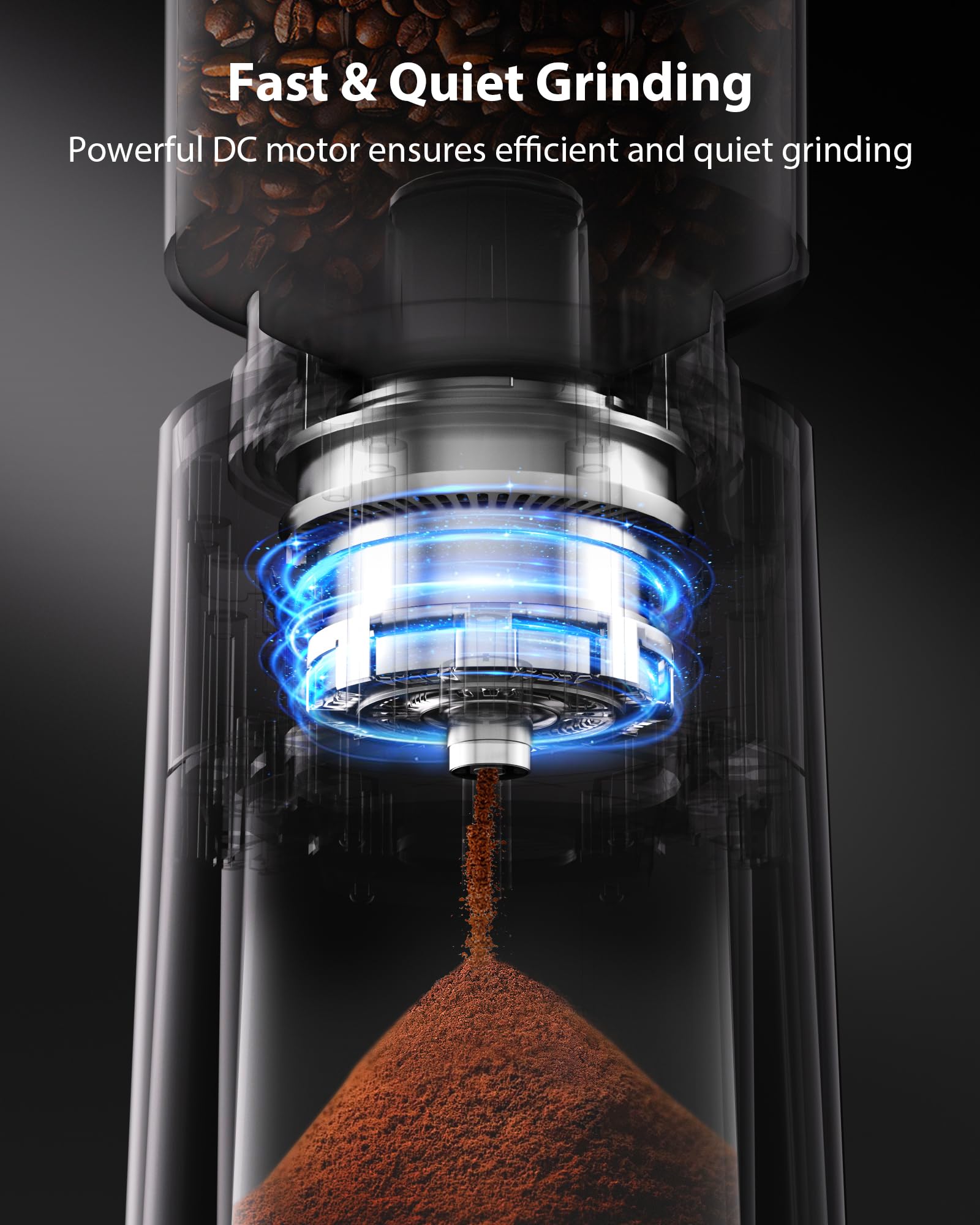 Aromaster Conical Burr Coffee Grinder with 25 Grind Settings,Adjustable 2-12 Cups Timer,Coffee Bean Grinder,3-Ear Portafilter Holder, Anti-static Design,Cleaning Brush Included,Black — view 4