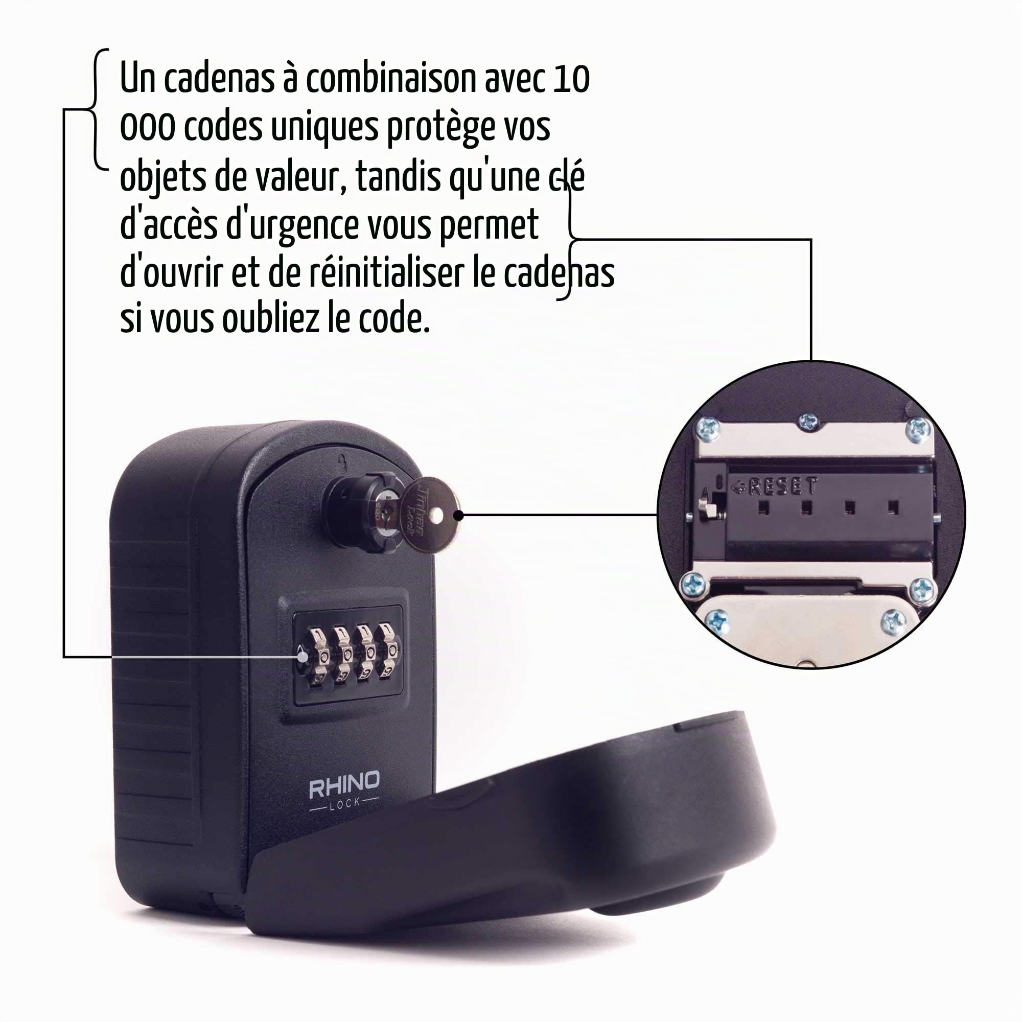 Coffre-fort mural à combinaison pour clés - Boîte à clés/boîte à clés - Grand stockage interne pour clés avec serrure à 4 chiffres, accès par clé d'urgence et système de récupération de code breveté
