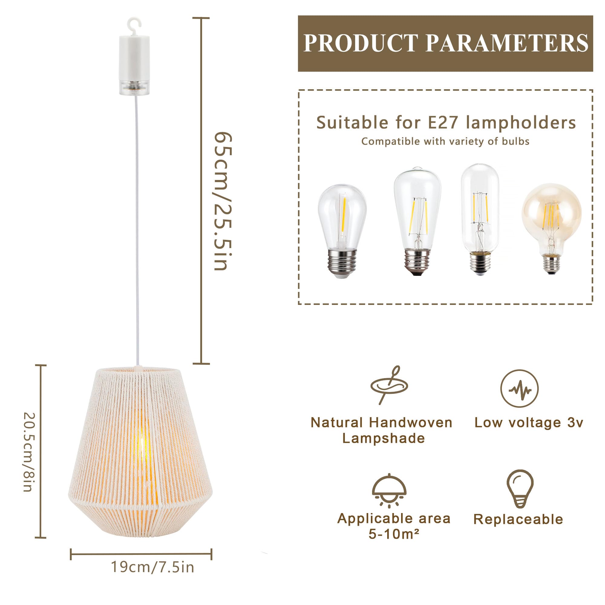 JHY DESIGN Set von 2 Batteriebetriebene Hängelampe 20,5 cm Hoch Geflochtenes Baumwollseil Dekorative Pendelleuchte Hanfseil-Rattan-Beleuchtungskörper mit 6-Stunden-Timer für Innen Außenbereich