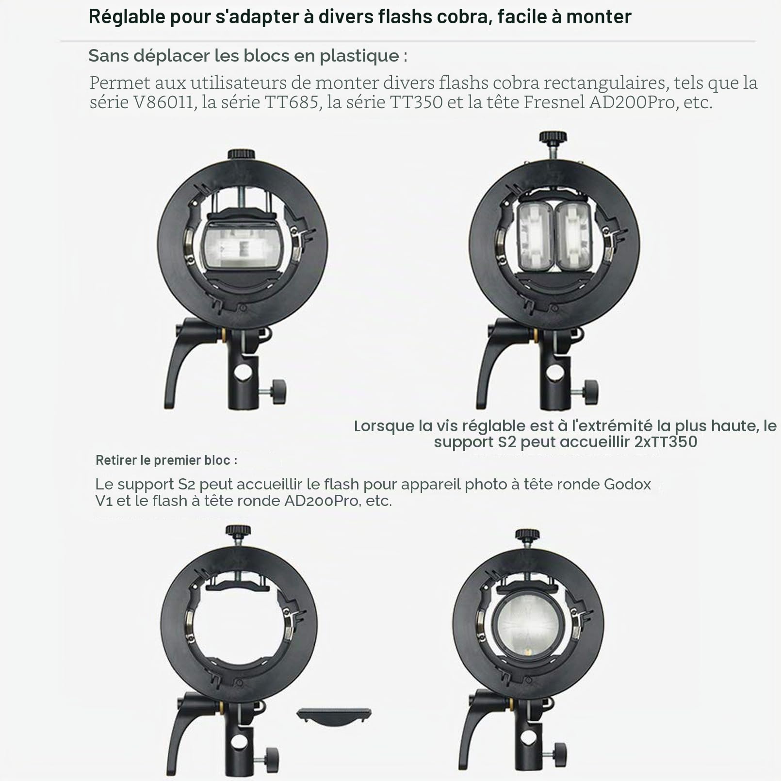 Godox S2 Bowens Support de Flash pour Godox AD200ProII AD400Pro AD300Pro AD300ProII, V1 V1Pro V100 Série, V860II, V860III, TT685II, TT350, TT600, Grande Poignée, Contrôle Précis de l'inclinaison