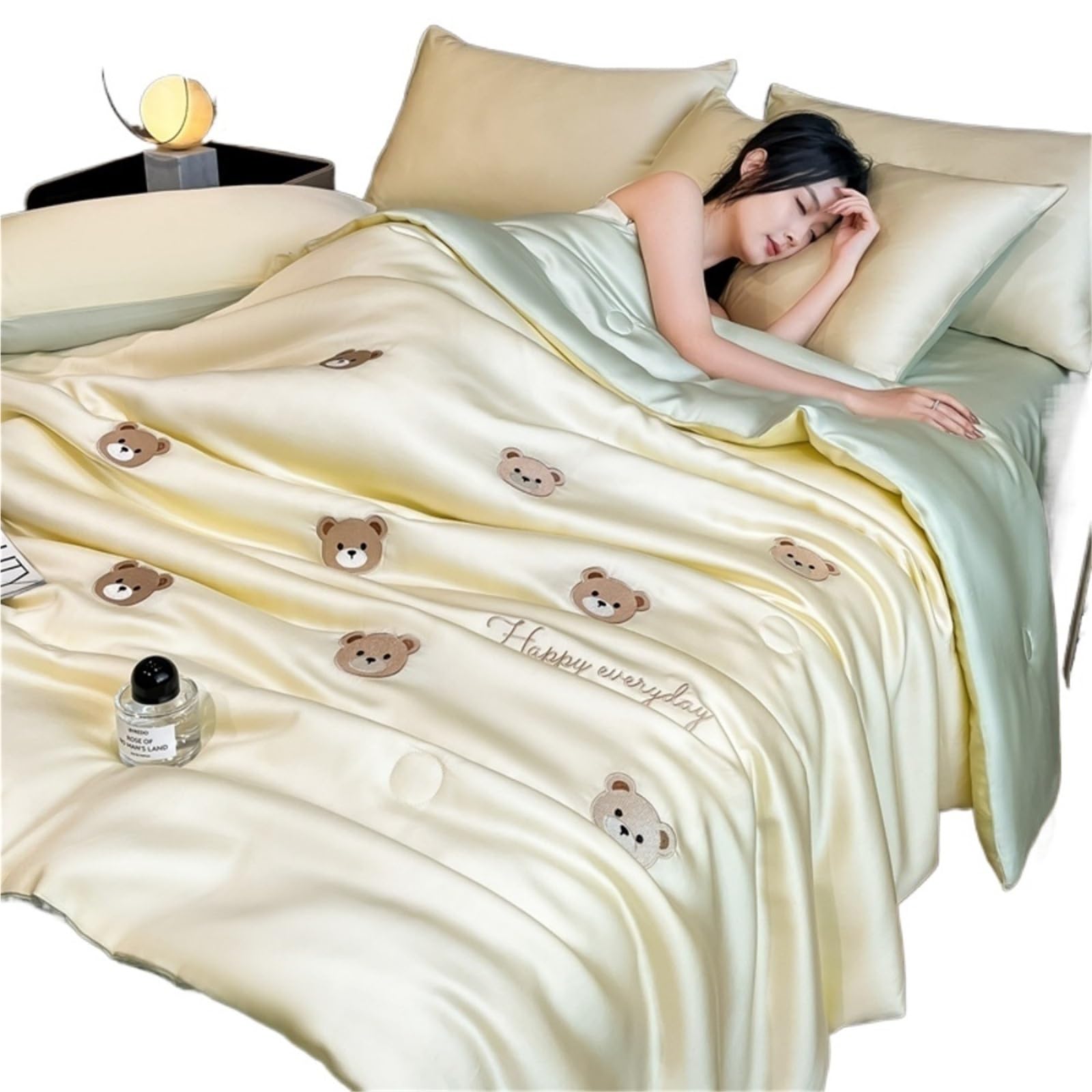 UALXPAO silk bedding Cool Summer Ice Silk Quilt Four-Piece Sets Embroidery Thin Bed Sheet With Pillowcases Air Conditioner Bedding Set(04 Green,180x220cm 4pcs)