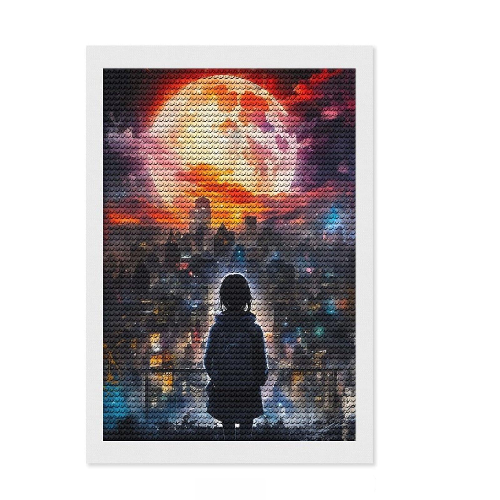 Junmoney City Under Giant Red Moon Diamond Style Art Kit 8"x12", Festive Home Decor, Stress Relief Craft, for Teens, Decor Project