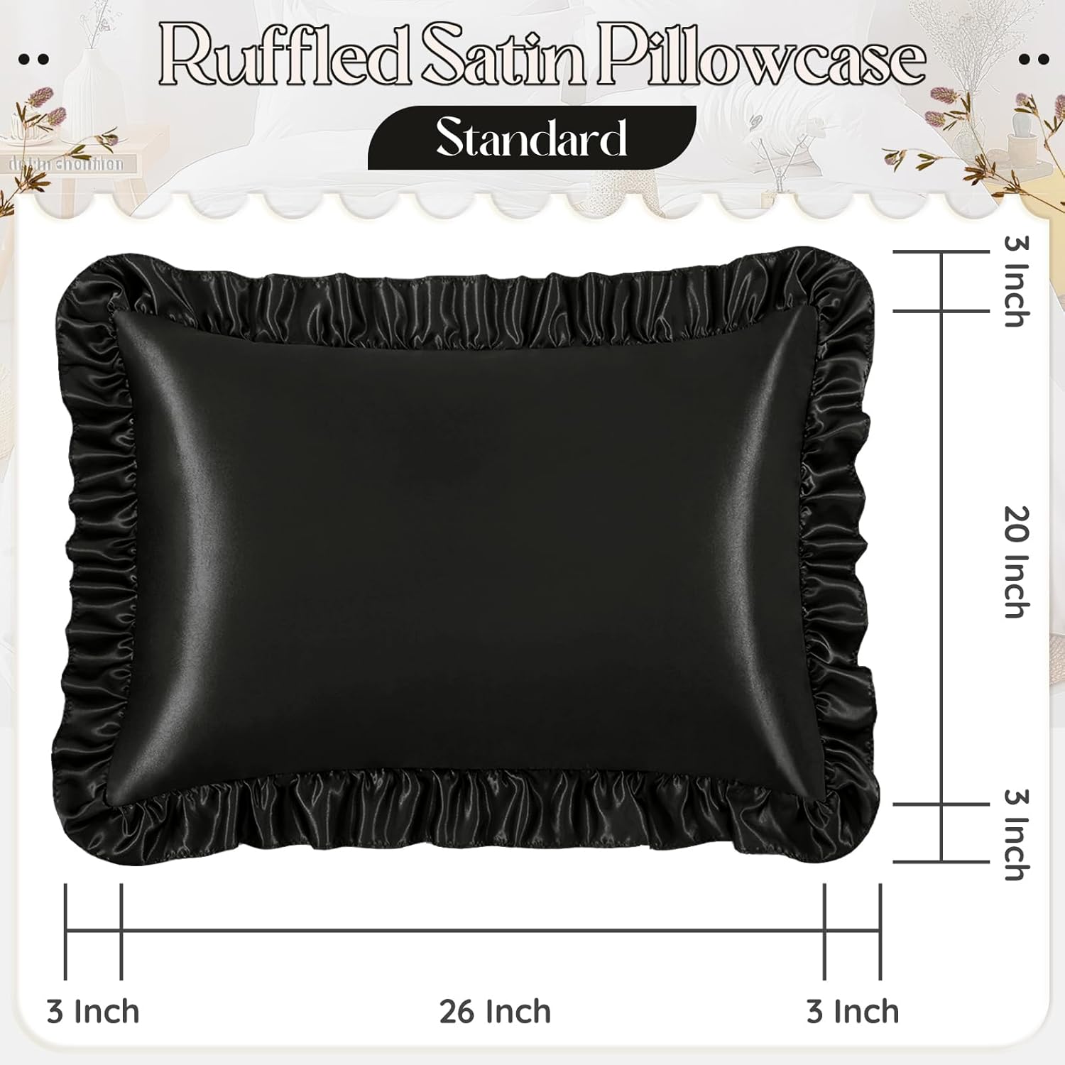nsgz ruffled satin pillowcase set of 2, standard size silky pillow shams for hair and skin care, black satin pillow covers with envelope closure, anti wrinkle pillow cases for luxe room decor standard - 20 x 26 inch black