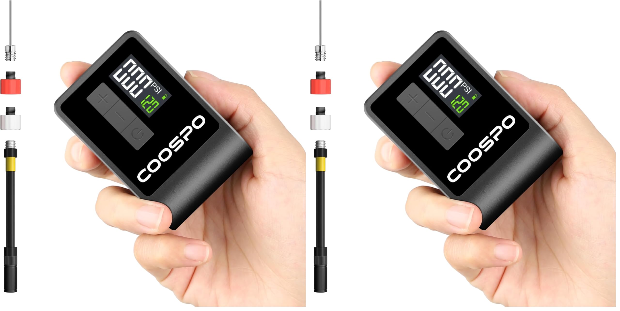 CooSpo Pompe a Velo Electrique, Mini Pompe Portable, Max 120 PSI, Pompe à air à arrêt Automatique avec valves Presta Schrader pour Tous Les vélos, Ballons, Accessoires de Voiture
