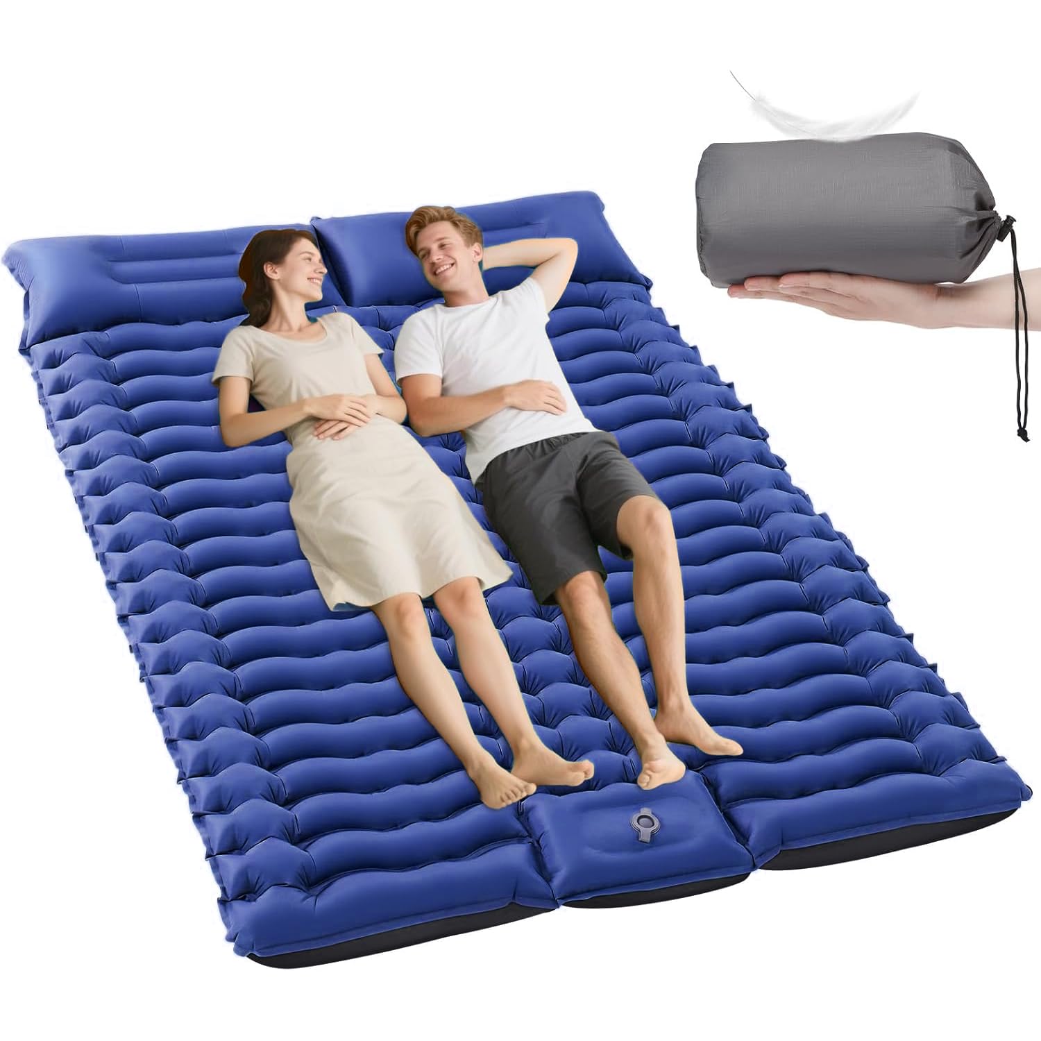 Colchón Inflable Doble para Camping,con Bomba de Pie Incorporada-Impermeable 50D,10cm Grosor,Soporta 400kg-Incluye Almohada Incorporada para Senderismo y Aire Libre (Azul, 200*140*10CM-Doble)