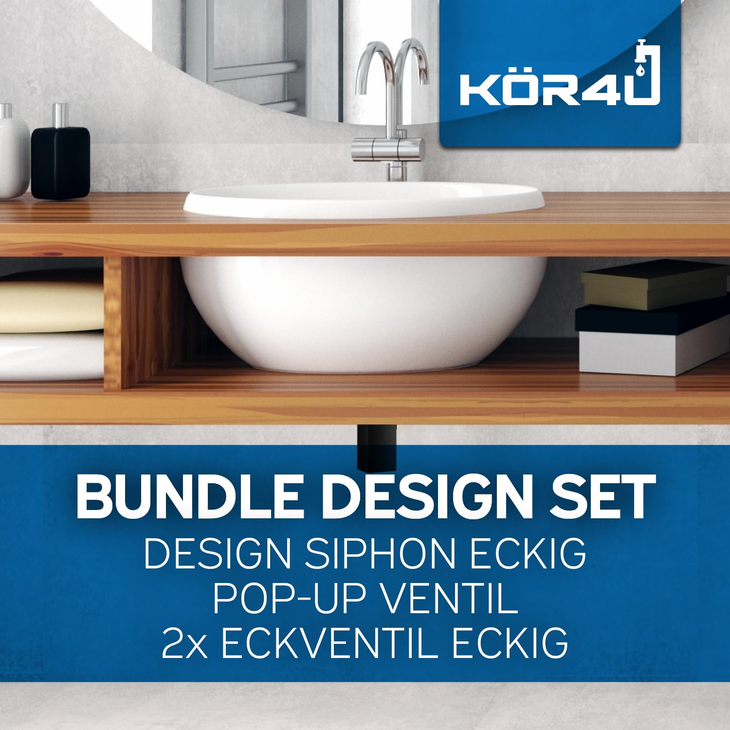 kör4u Juego de sifón de 1 1/4" x 32 mm, válvula emergente y 2 válvulas angulares, válvula de desagüe con juntas, para lavabo, color negro