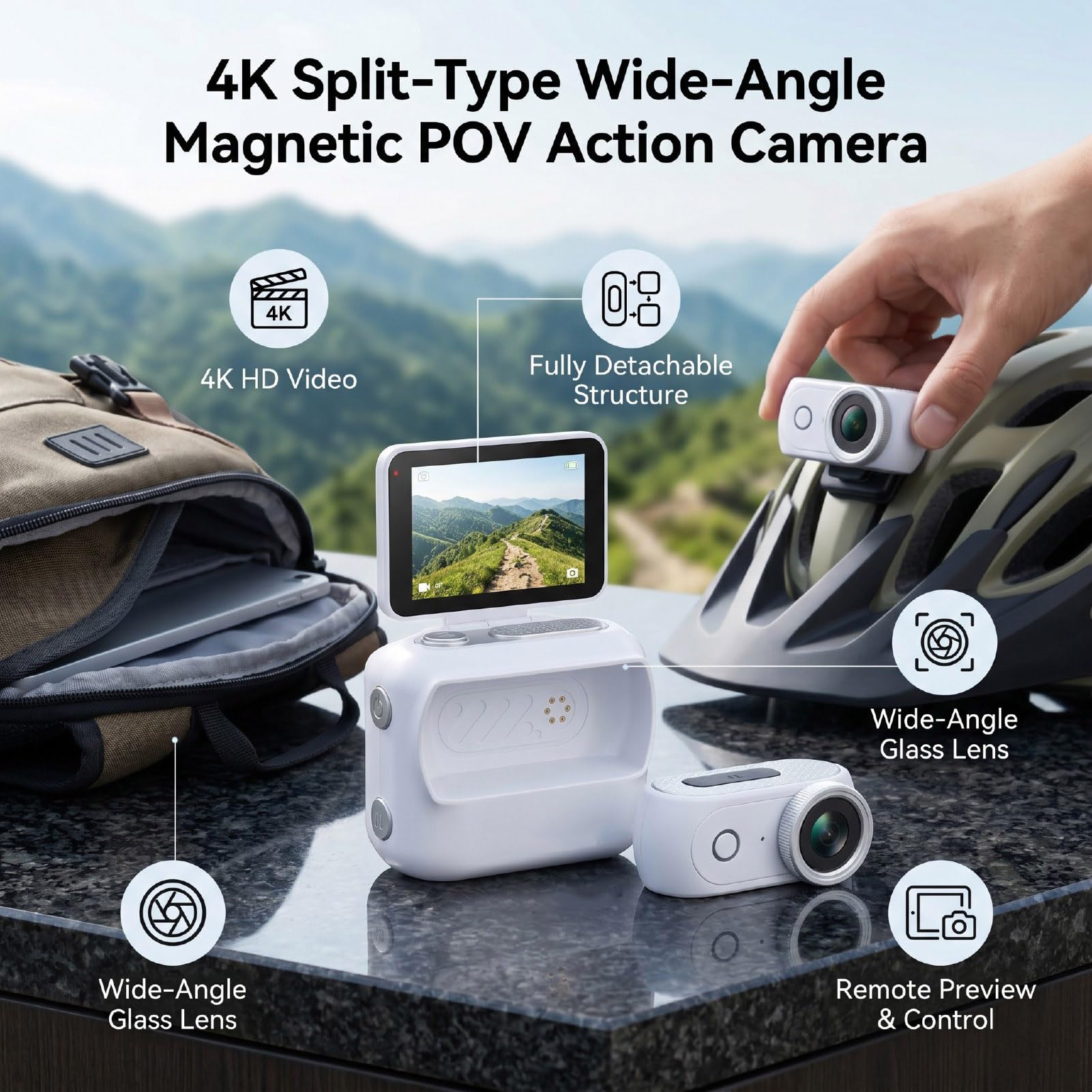 Cuifati Caméra d'action 4K, Conception Magnétique Détachable, Écran
