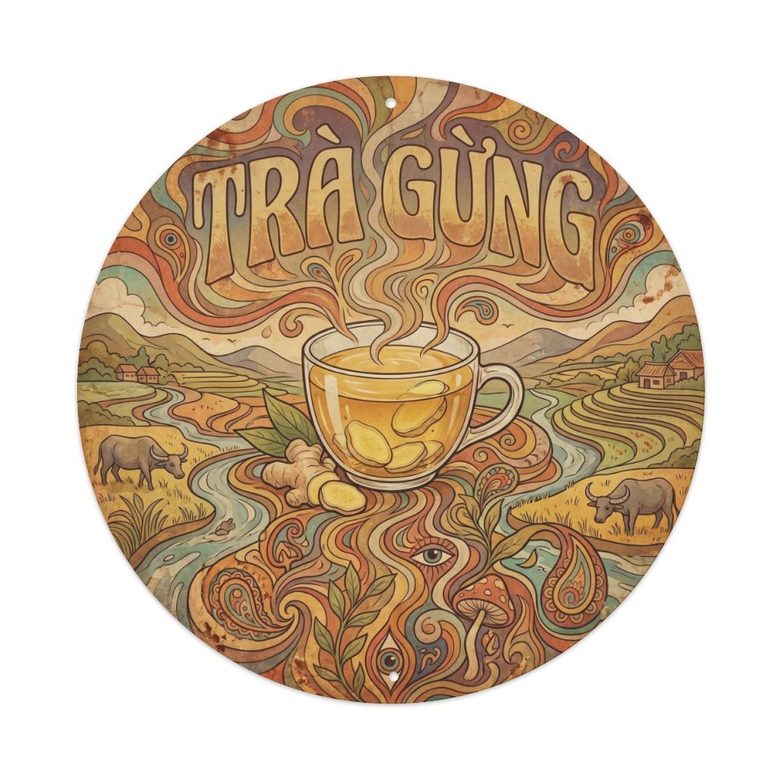 Tea Cup Southeast Asian Infusion Bar Swirl Psychedelic Metal Tin Sign
