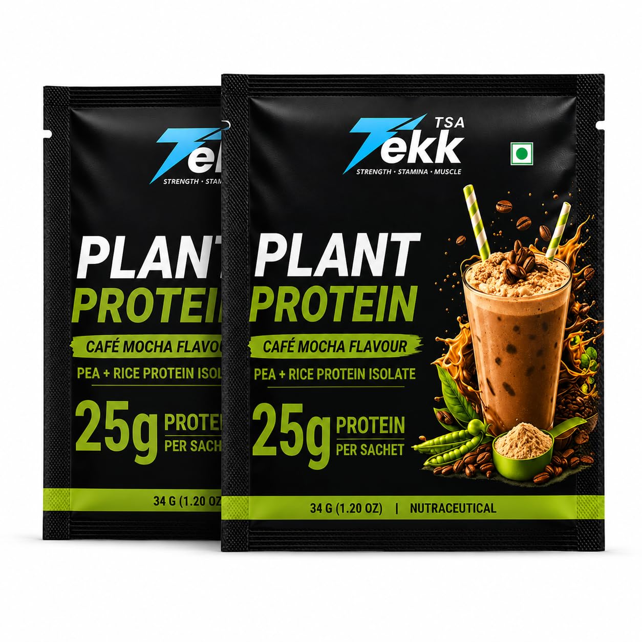 TSA Tekk Plant Protein Powder, Café Mocha Flavour, Pea & Rice Protein Isolate, 21g Protein Per Serving, 100% Vegan, Pack of 6 Sachets 34 gram each sachets, Pack of 2-image-28