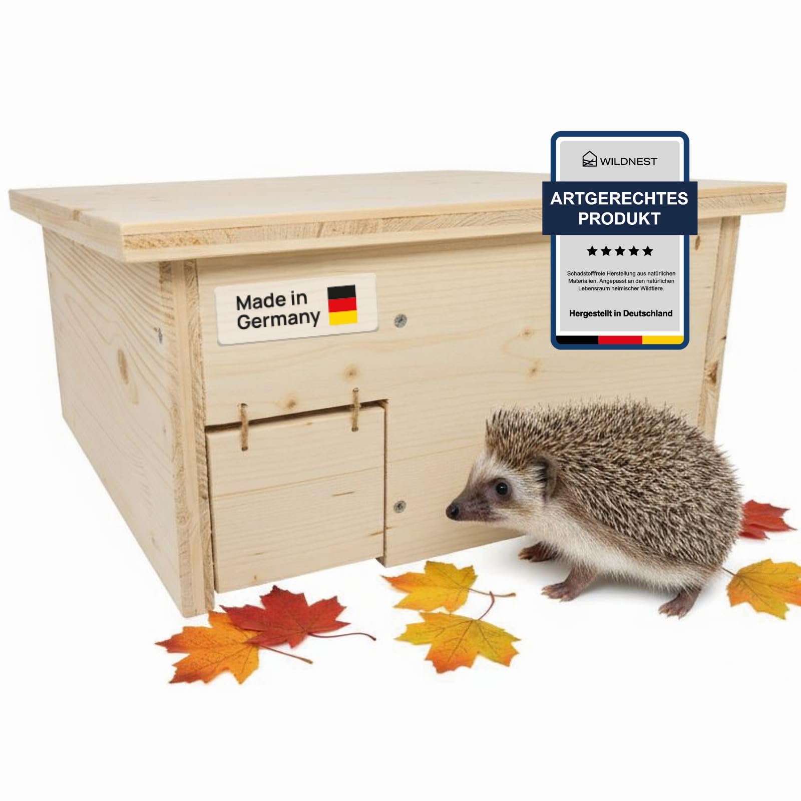 Igelhaus Standard – wetterfestes Holzhaus für Igel im Garten mit Rattenklappe – handgefertigt in Deutschland von Menschen mit Behinderung (44 x 43 x 32 cm)