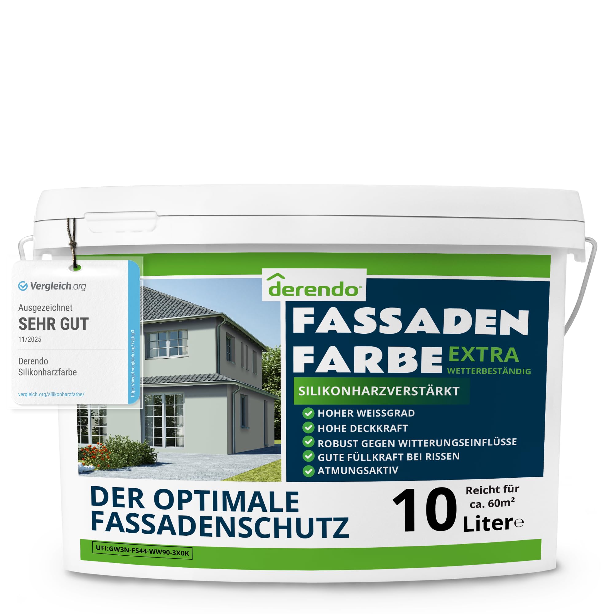 derendo Fassadenfarbe Grün EXTRA silikonharzverstärkt aussen Salbeigrün 10l | Für Putz Beton, Abperleffekt, wasserabweisend, UV-beständig, hohe Deckkraft, rissfüllend, diffusionsoffen, Made in Germany