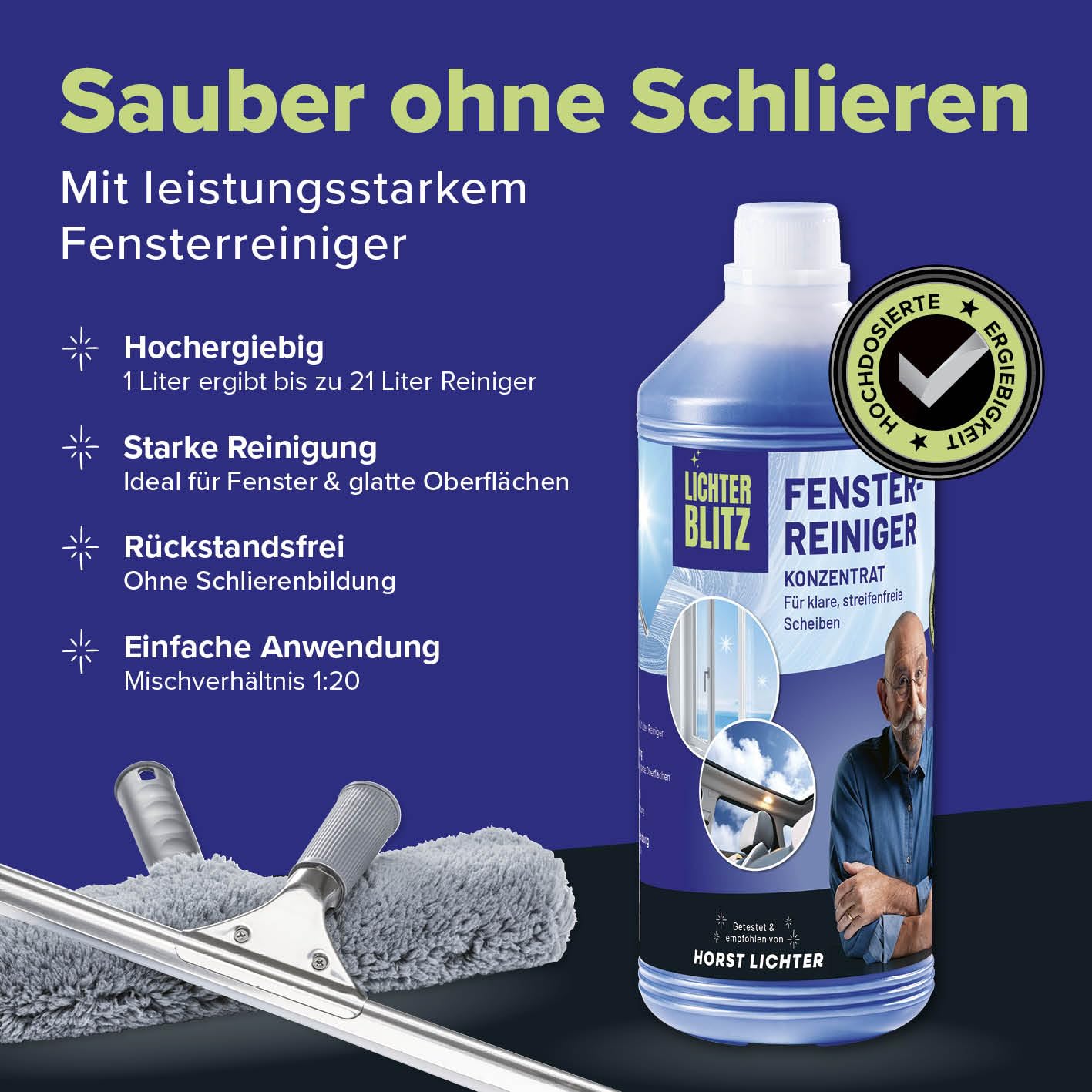 Fensterreiniger Set komplett |Professionell Fenster putzen| Inkl. Fensterabzieher, 12-Liter-Eimer mit Ablage, Abzieher, Wischer, Mikrofastertuch & Reinigungsmittel | für Haus & Auto