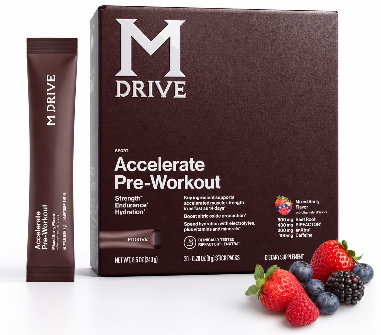 M Drive Pré-treino com beterraba, RipFACTOR, EnXtra e cafeína, 30 sachês