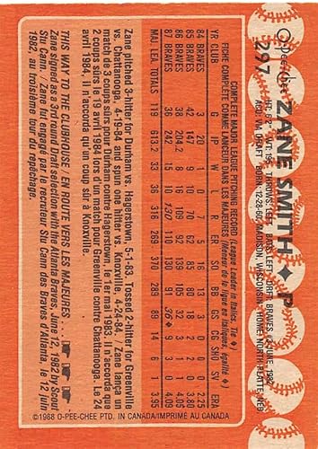 Miniatura 2 de 1988 O-Pee-Chee Baseball #297 Zane Smith Atlanta Braves Official MLB Trading Card OPC (Topps Canadian counterpart)