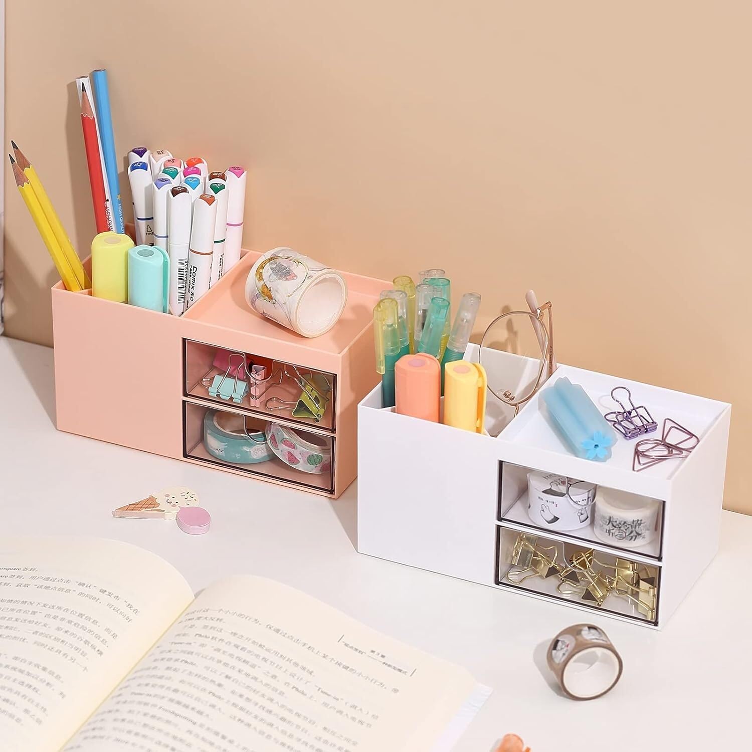 Organizzatore Scrivania Organizzatore da Scrivania con Portapenne Portaoggetti in Plastica Cassetti per Trucchi per Ufficio Scuola Ufficio(White)