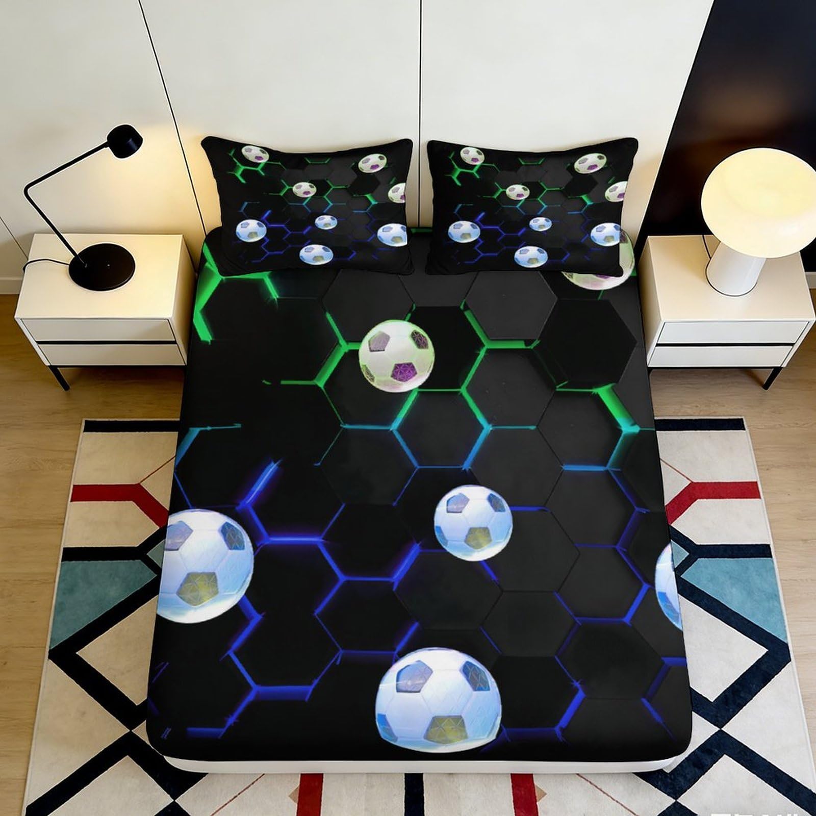 3D Printed Soccer Hexagon Fitted Sheet Microfiber Soft Decor Football Mattress Cover for Bedroom Guest Room Dorm 160x200x25cm