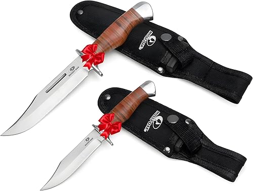 Mossy Oak, juego de 2 piezas de cuchillo Bowie, cuchillo de caza con hoja fija y mango de cuero, funda incluida