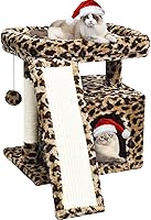 Vista 1 de Small Leopard Print Cat Tree for Indoor Cats Short Tower with Scratching Post, Ramp Pad, Condo with Perch Bed, Kittens Play House, Hanging Plush