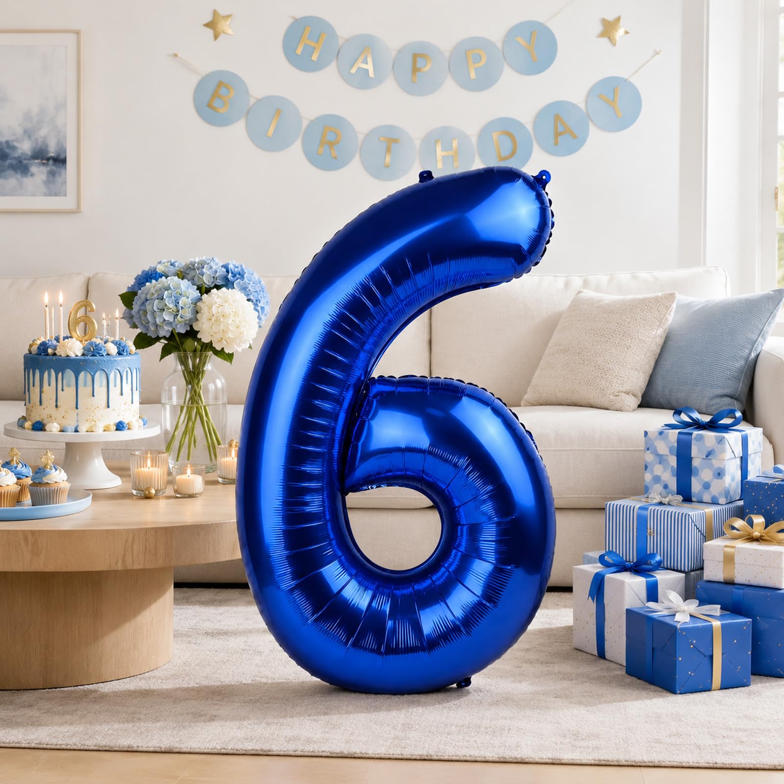 Navy Blue Number Balloons 6, 40inch Large Dark Royal Blue Digital 6 Foil Mylar Helium Balloon for Boys, Self Inflating Number Balloons 0-9 for Men Women Birthday Party Anniversary Decorations